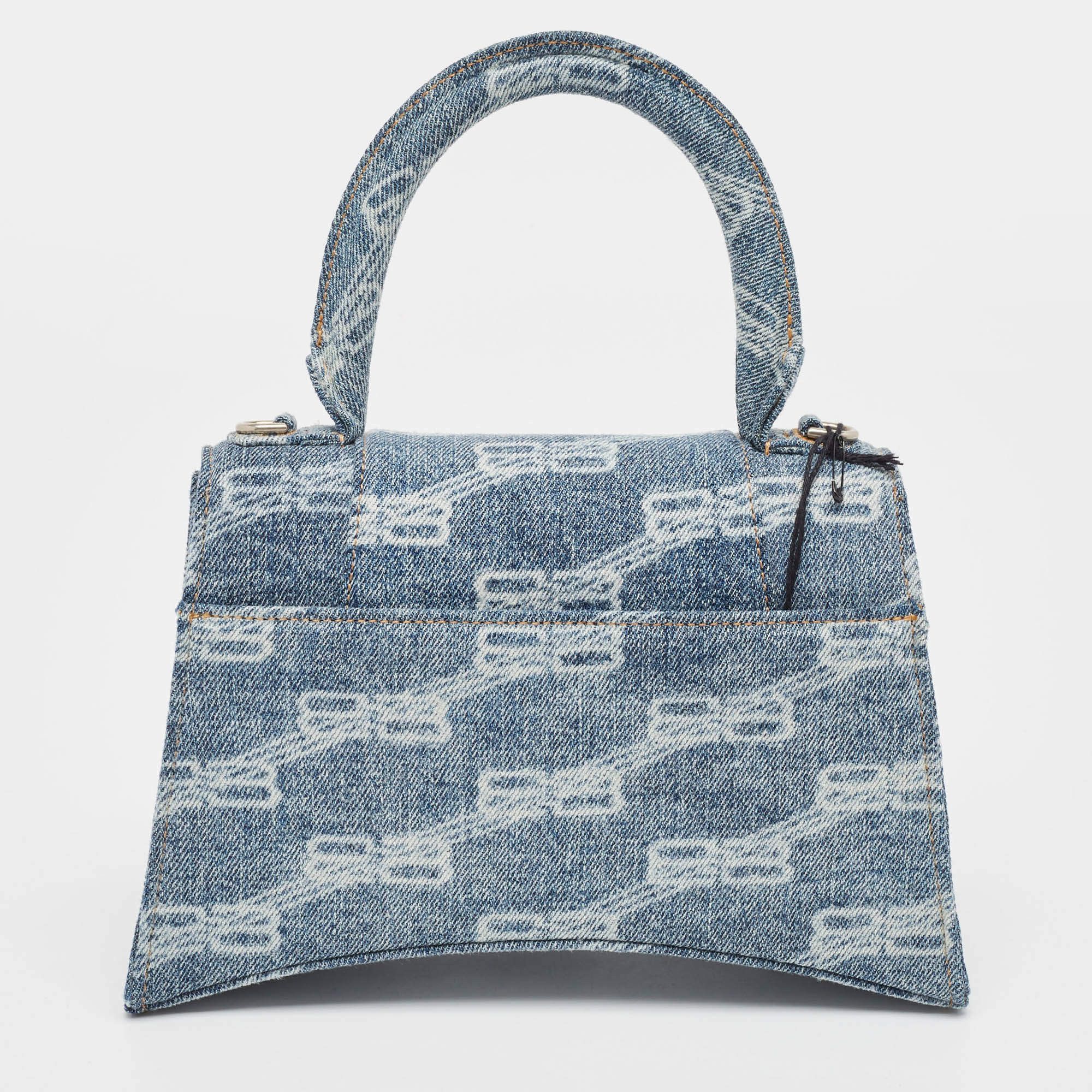 Balenciaga Light Blue BB Monogram Denim Small Hourglass Top Handle Bag Size ONE SIZE - 3 Thumbnail