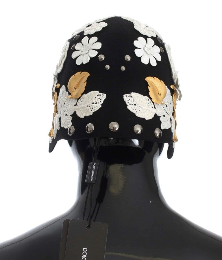Dolce & Gabbana Elegant Black Floral Wool Cloche Women's Hat Size ONE SIZE - 3 Thumbnail