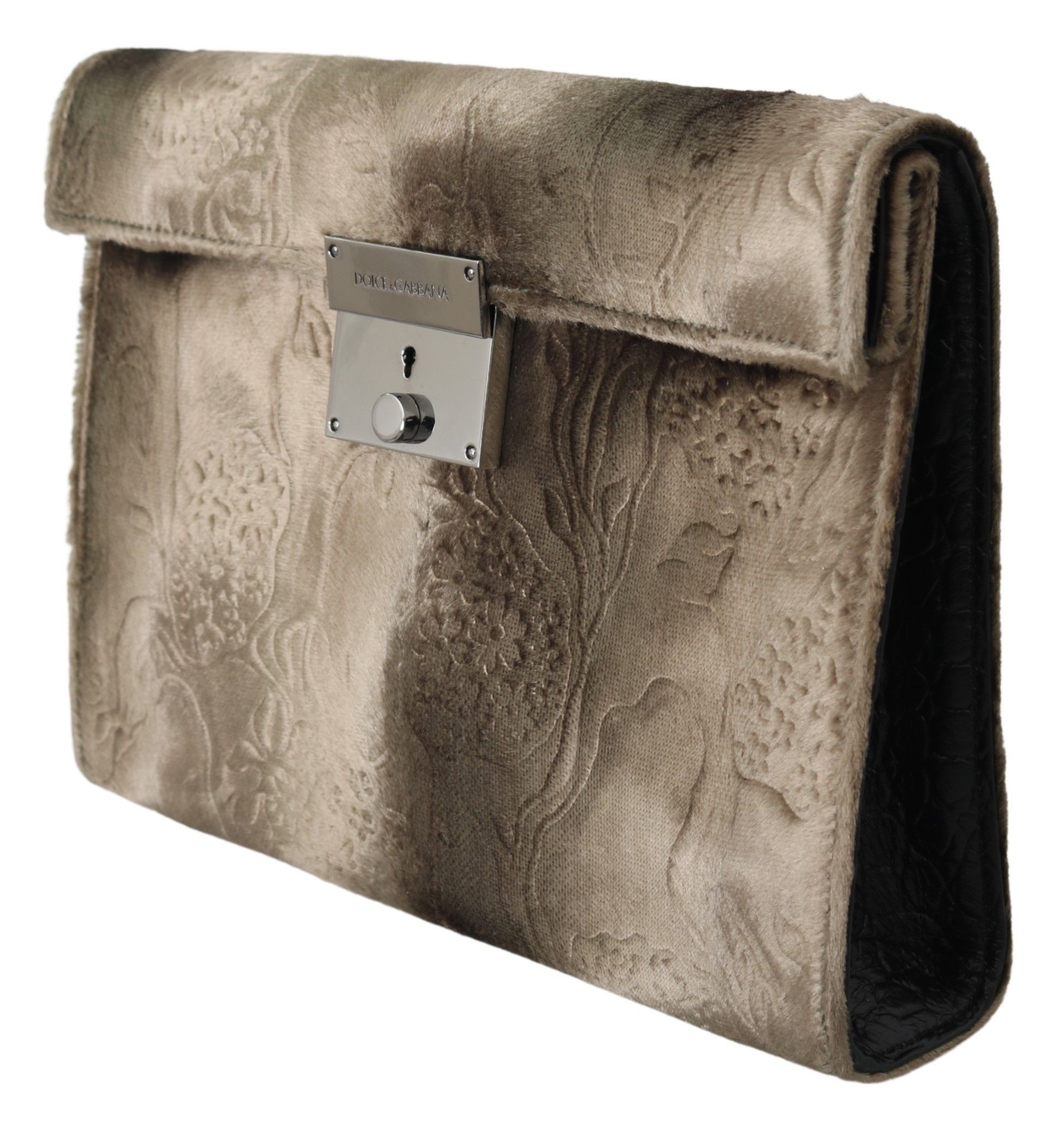 Dolce & Gabbana Beige Velvet Croco-Print Leather Briefcase Men's Clutch Size ONE SIZE - 4 Thumbnail