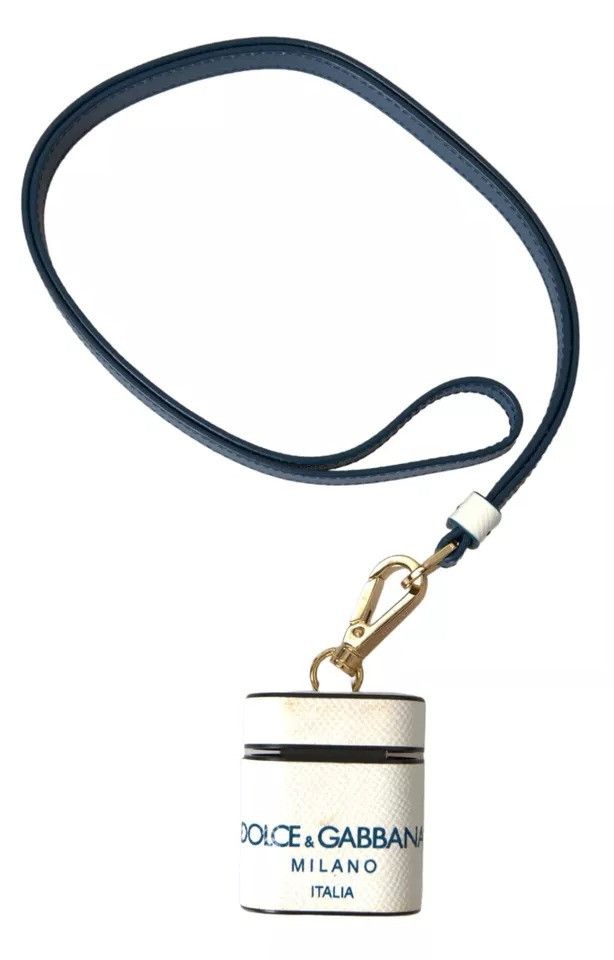 Dolce & Gabbana White Blue Calf Leather Logo Print Strap Airpods Women's Size ONE SIZE - 5 Thumbnail