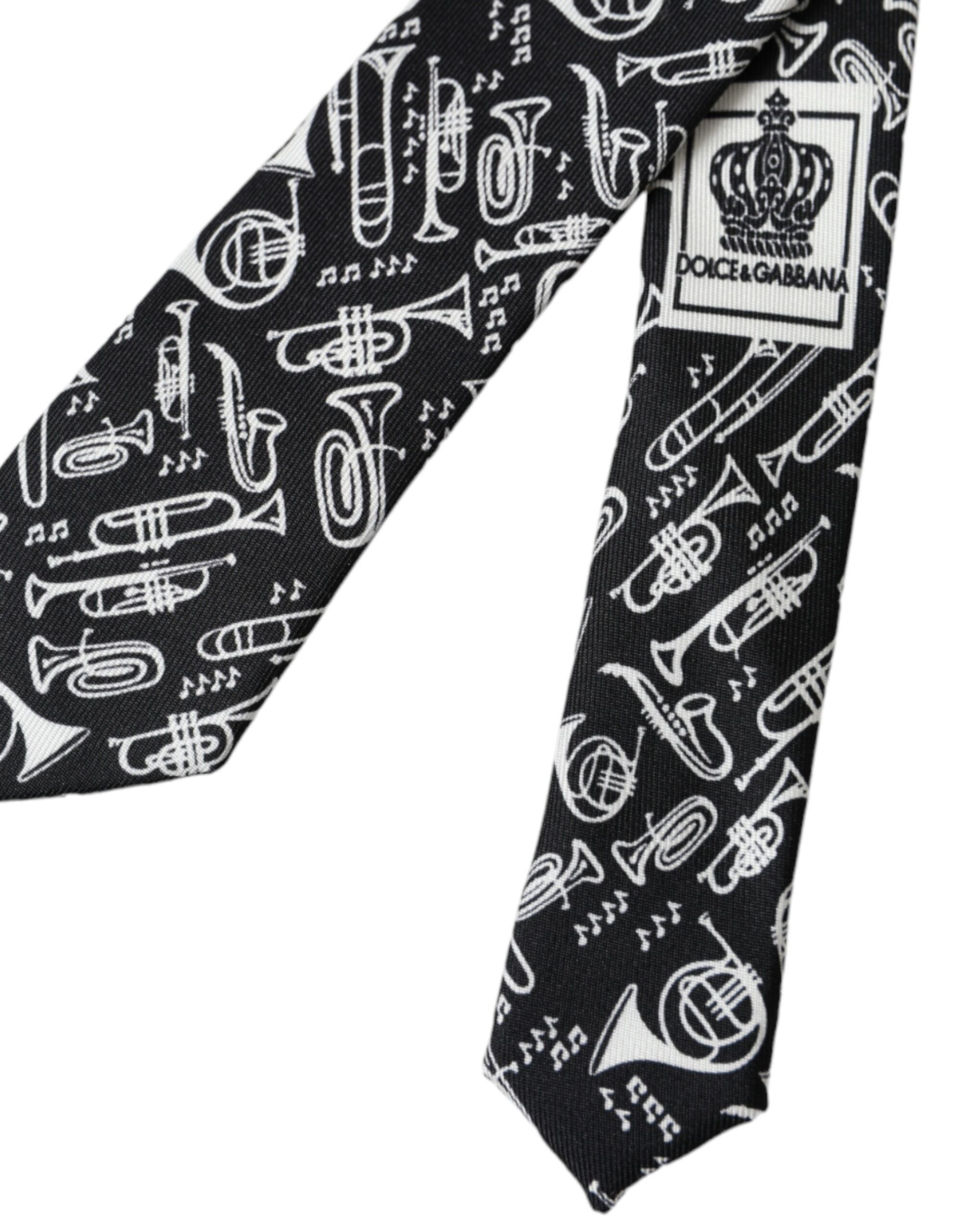 Dolce & Gabbana Black Trumpet Print Silk Adjustable Men's Tie Size ONE SIZE - 4 Thumbnail