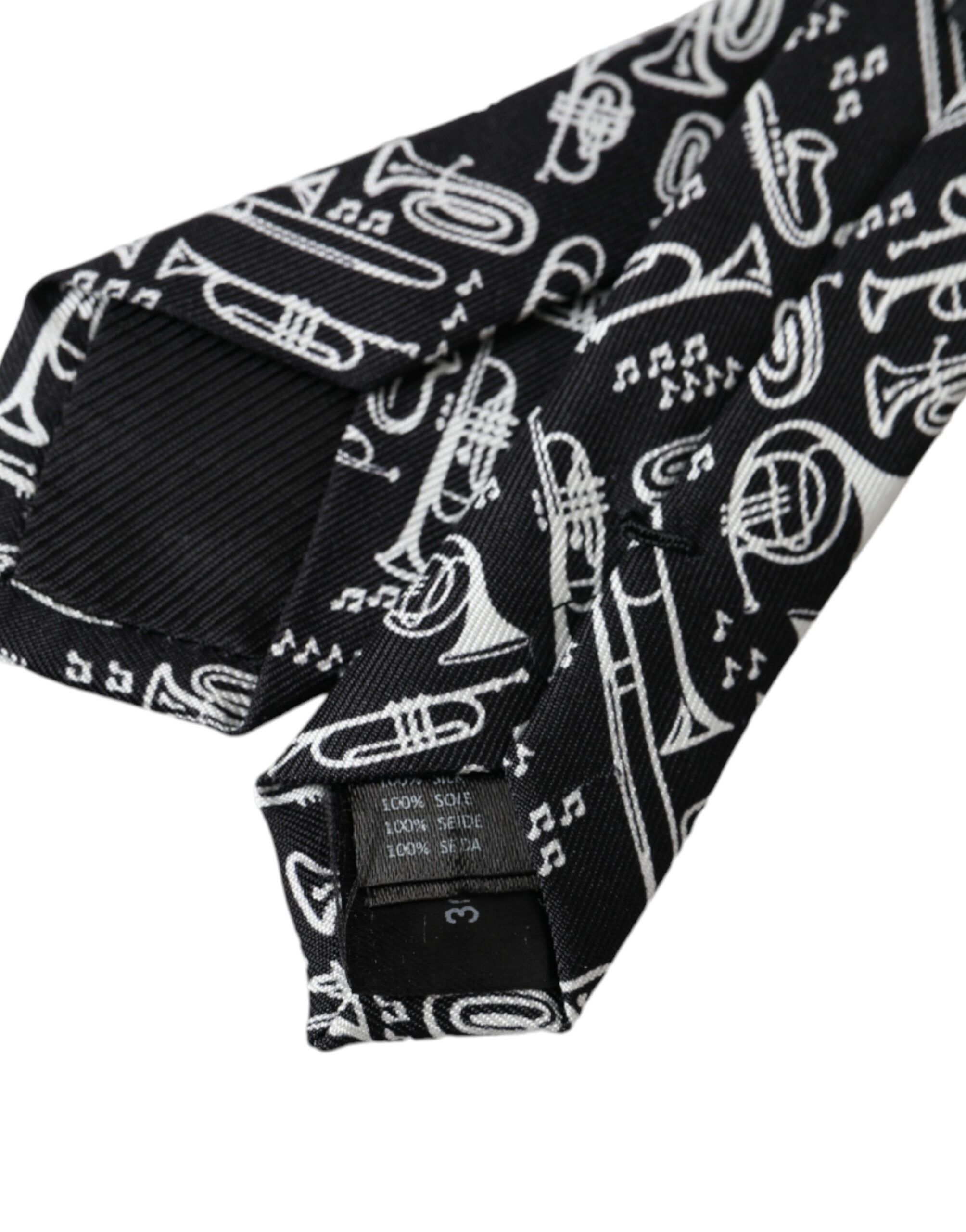 Dolce & Gabbana Black Trumpet Print Silk Adjustable Men's Tie Size ONE SIZE - 3 Thumbnail
