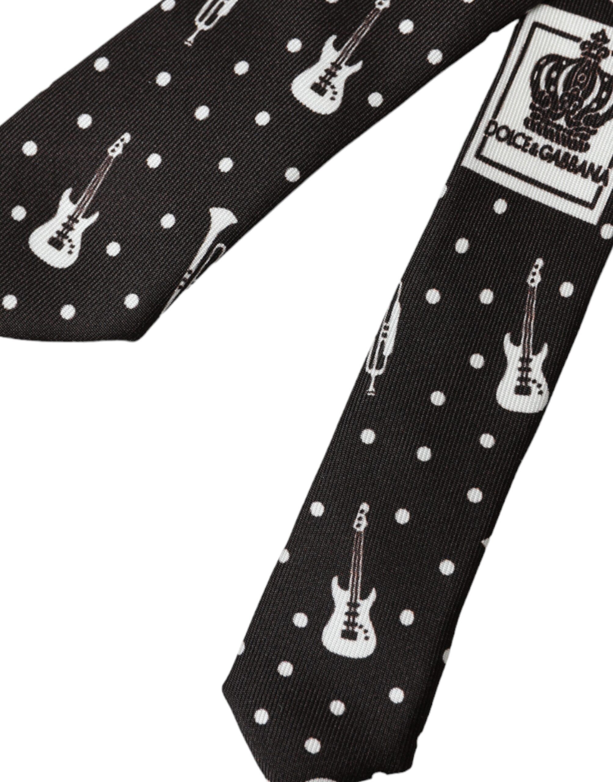 Dolce & Gabbana Black Guitar Print Silk Adjustable Men's Tie Size ONE SIZE - 5 Thumbnail