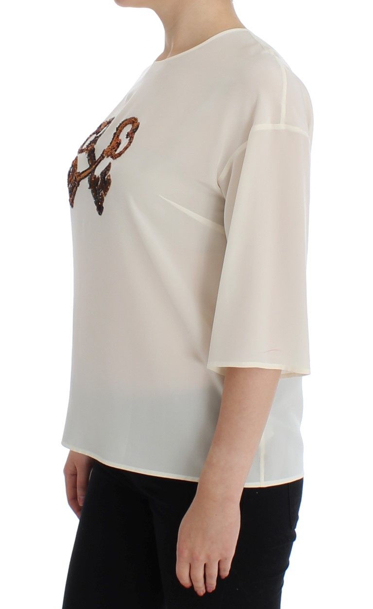 Dolce & Gabbana Ivory Sequined Silk Blouse Women's Top Size M / US 6-8 / IT 42-44 - 2 Thumbnail