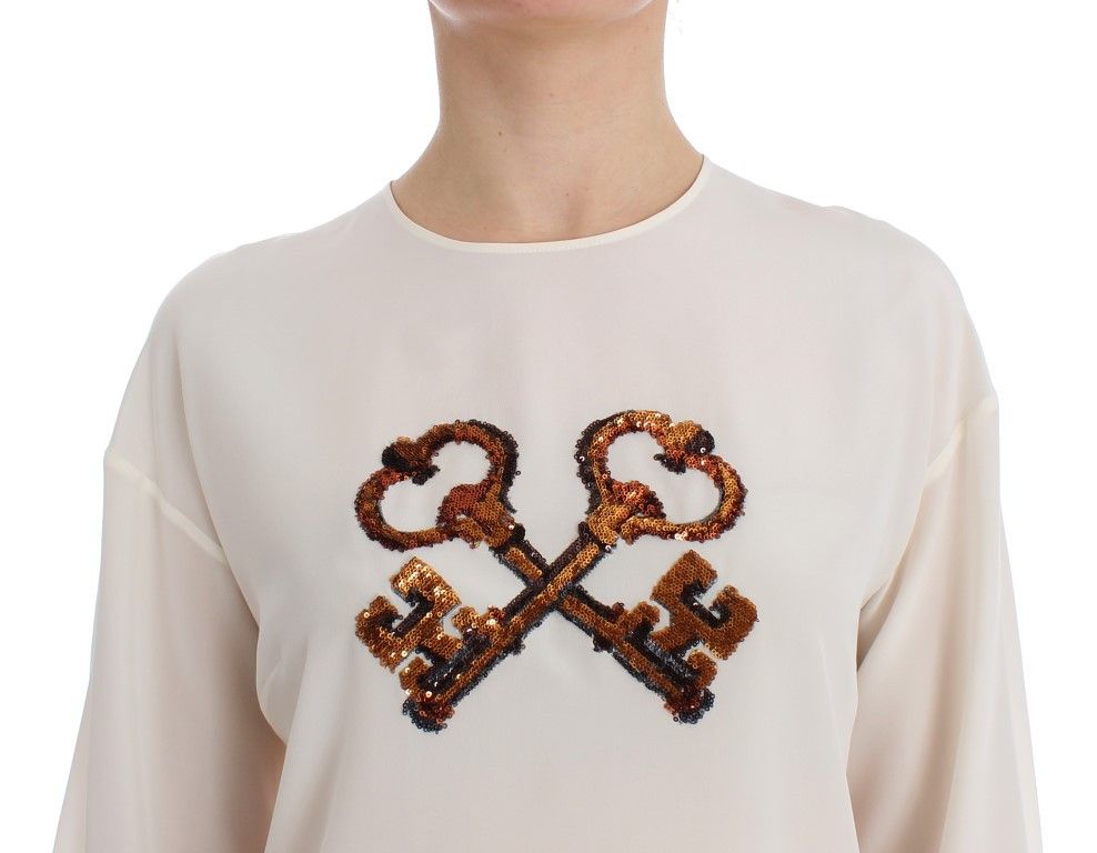 Dolce & Gabbana Ivory Sequined Silk Blouse Women's Top Size M / US 6-8 / IT 42-44 - 5 Thumbnail