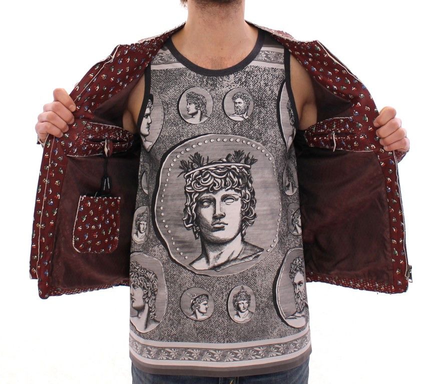 Dolce & Gabbana Exclusive Boxer Print Bordeaux Leather Men's Jacket Size US M / EU 48-50 / 2 - 6 Thumbnail