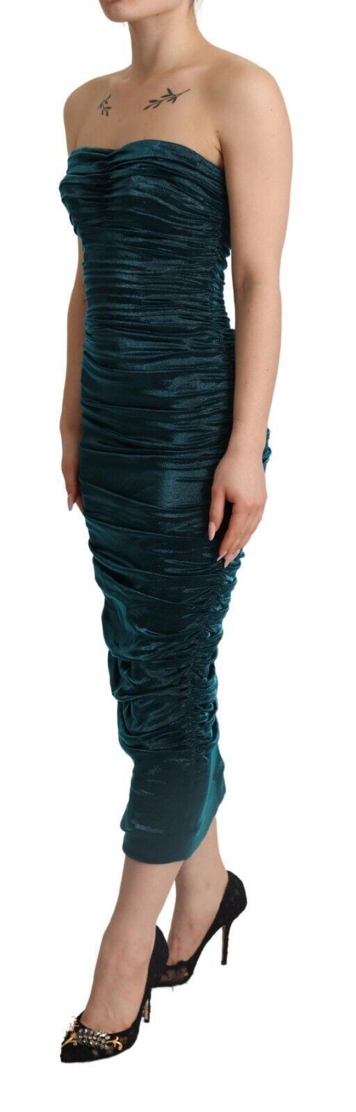 Dolce & Gabbana Turquoise Draped Satin Midi Women's Dress Size XS / US 0-2 / IT 36-38 - 2 Thumbnail