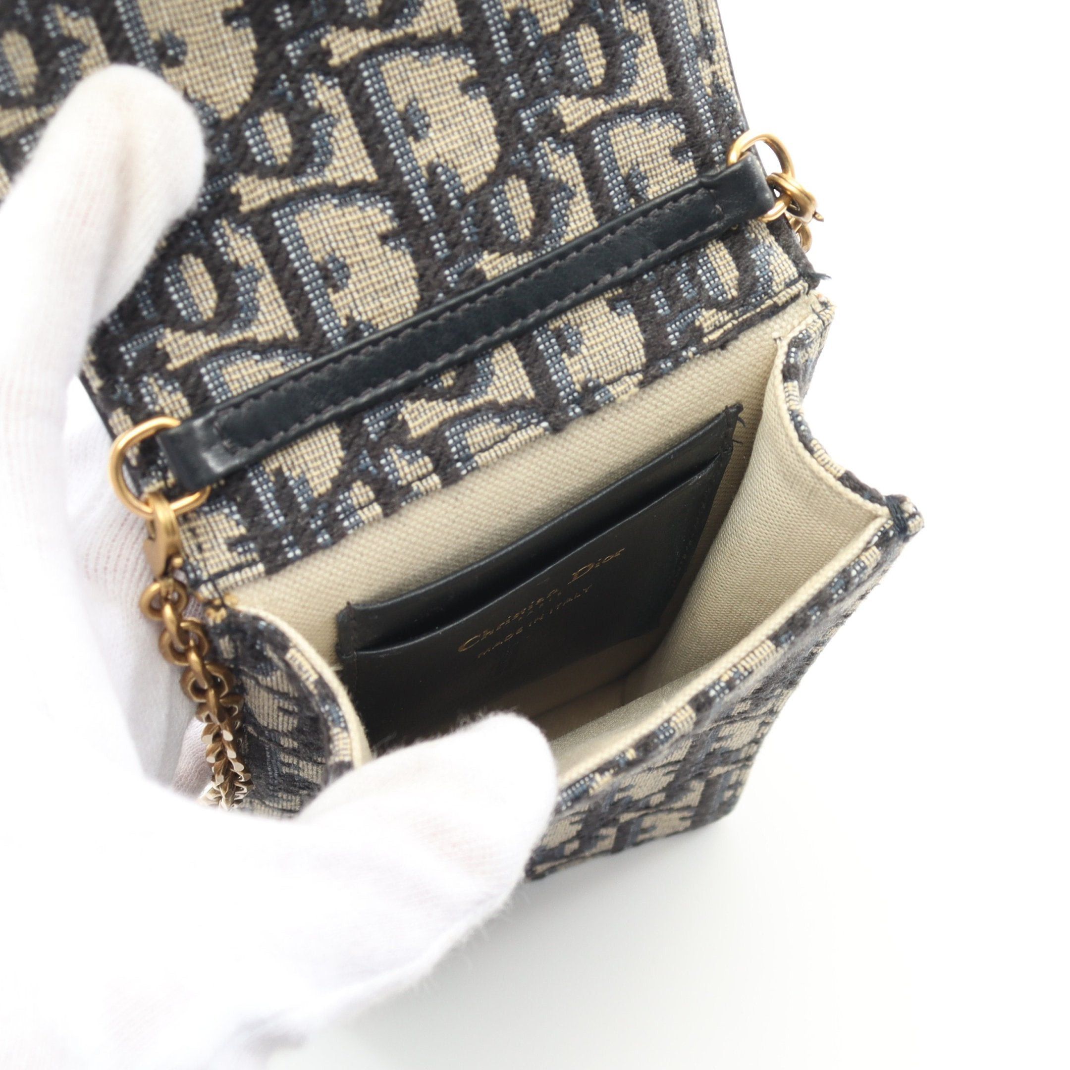 Dior Dior Saddle Oblique Phone Shoulder Chain Bag Canvas Leather Light Gray Navy Size ONE SIZE - 3 Thumbnail