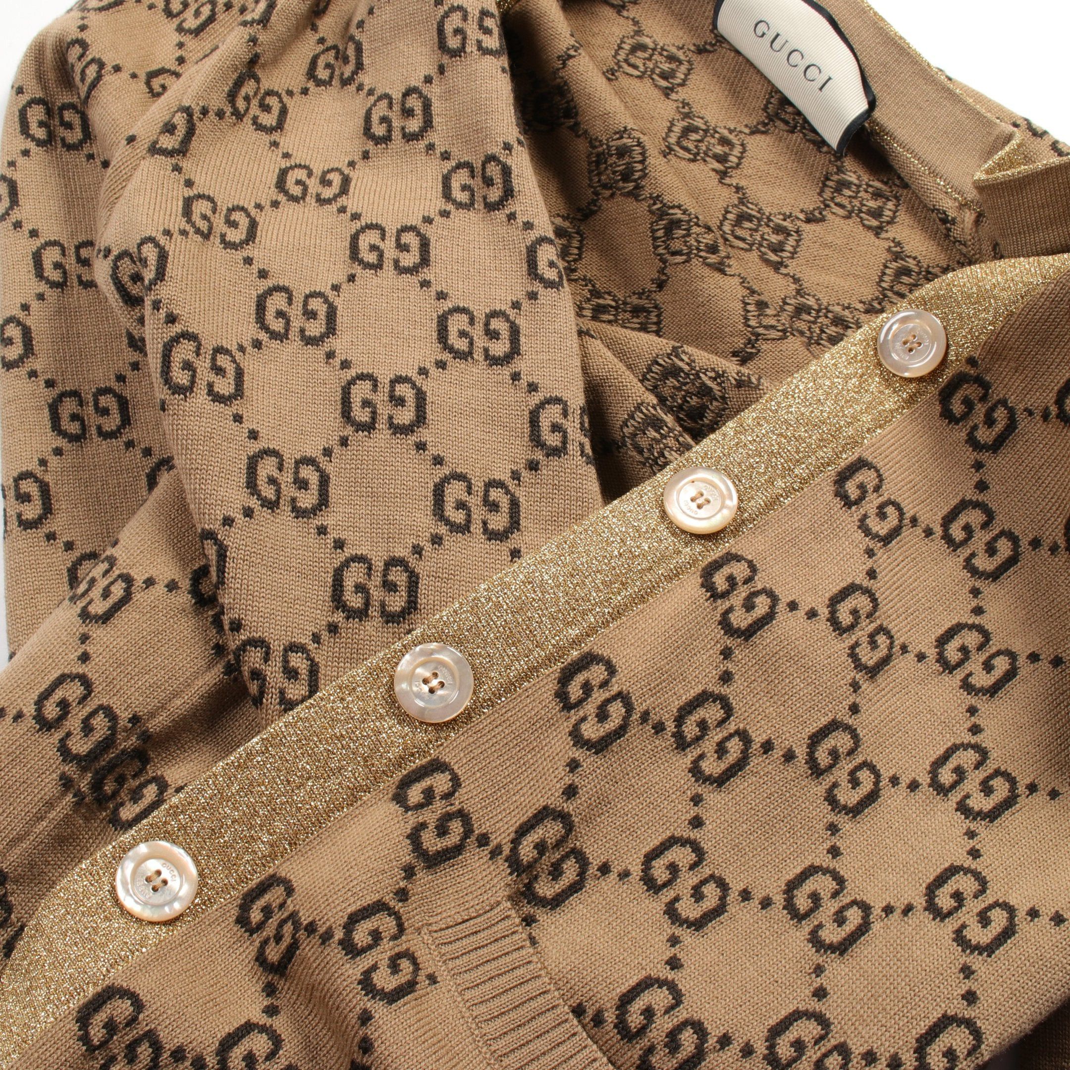 Gucci Gucci Gg Pattern Cardigan Rame Wool Beige Black Gold Size ONE SIZE - 9 Thumbnail