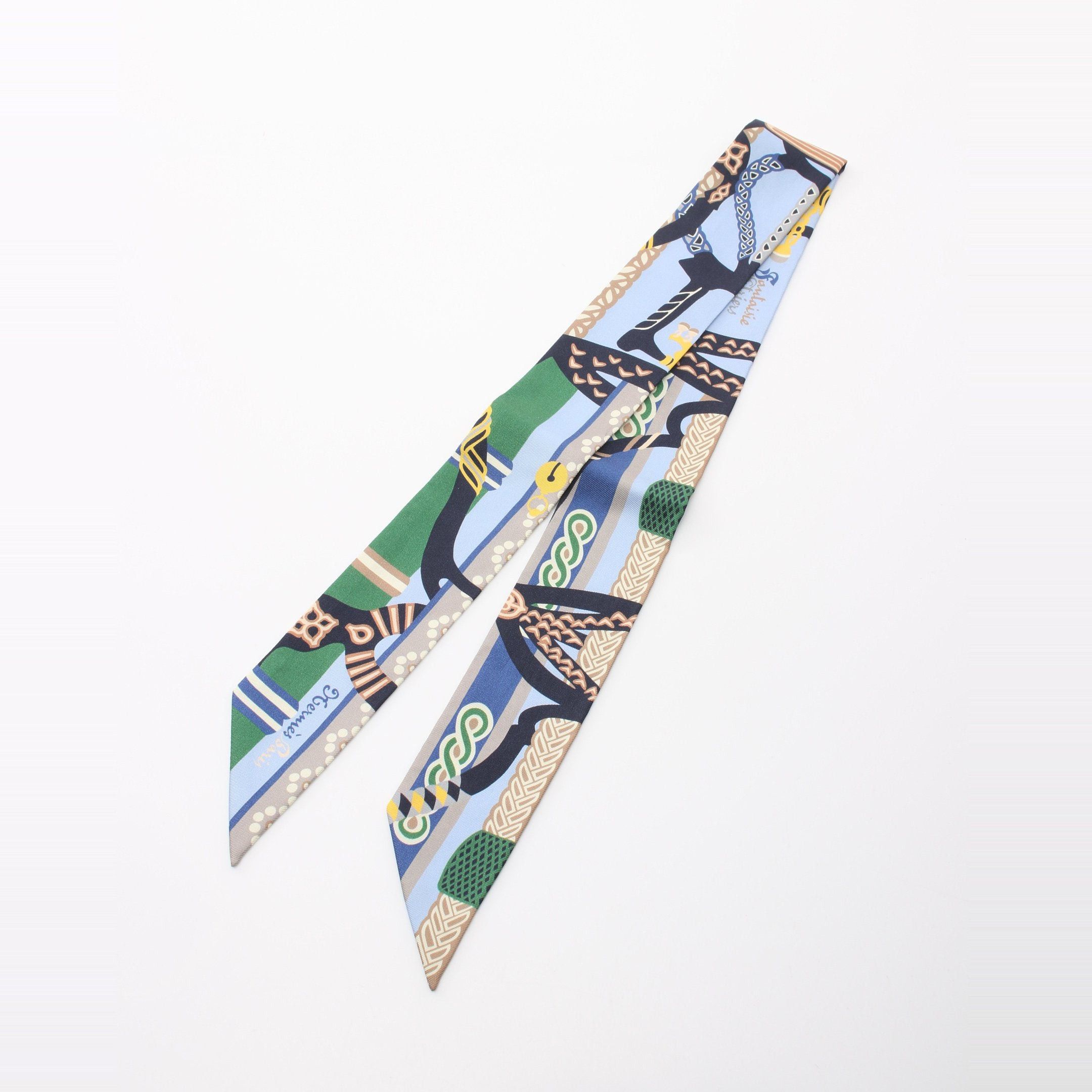 Hermes Hermes Twilly Fantaisie D'Etriers Ribbon Scarf Silk Light Blue Multicolor Size ONE SIZE - 4 Thumbnail