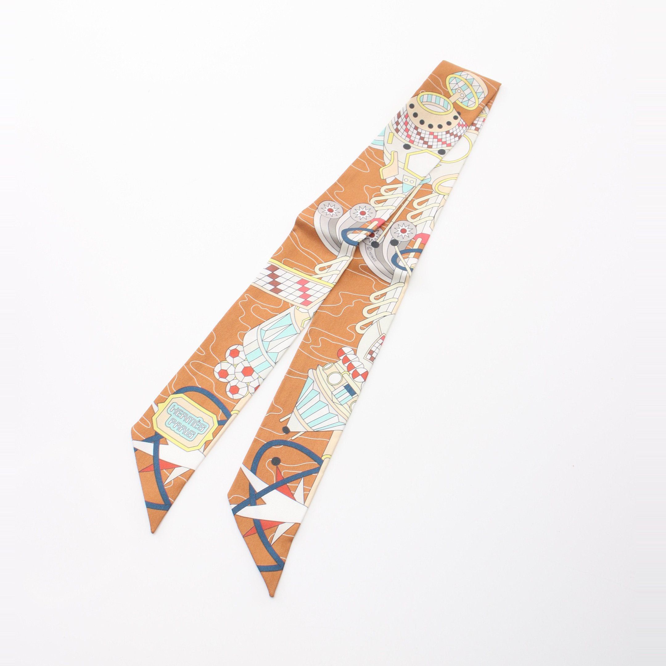 Hermes Hermes Twilly Odyssey Ribbon Scarf Silk Light Brown Multicolor Size ONE SIZE - 4 Thumbnail