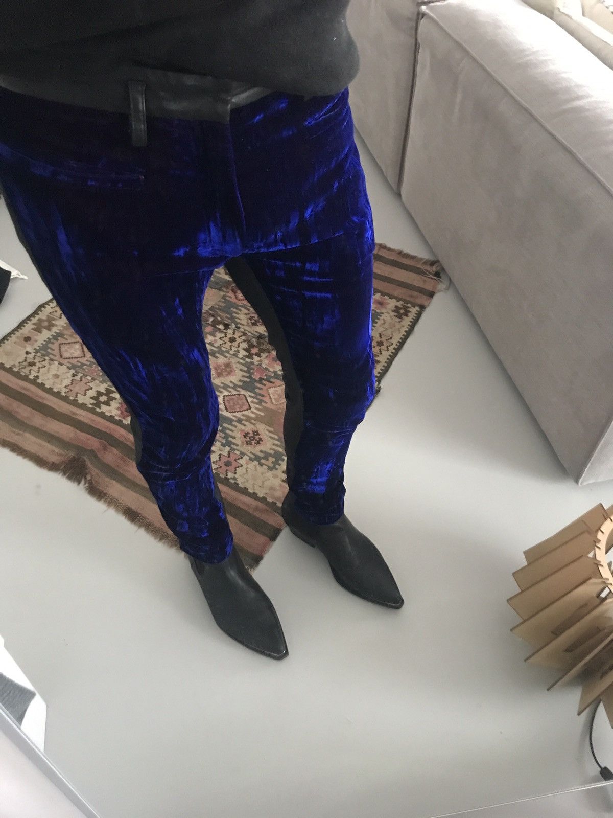 Blue velvet and leather pants