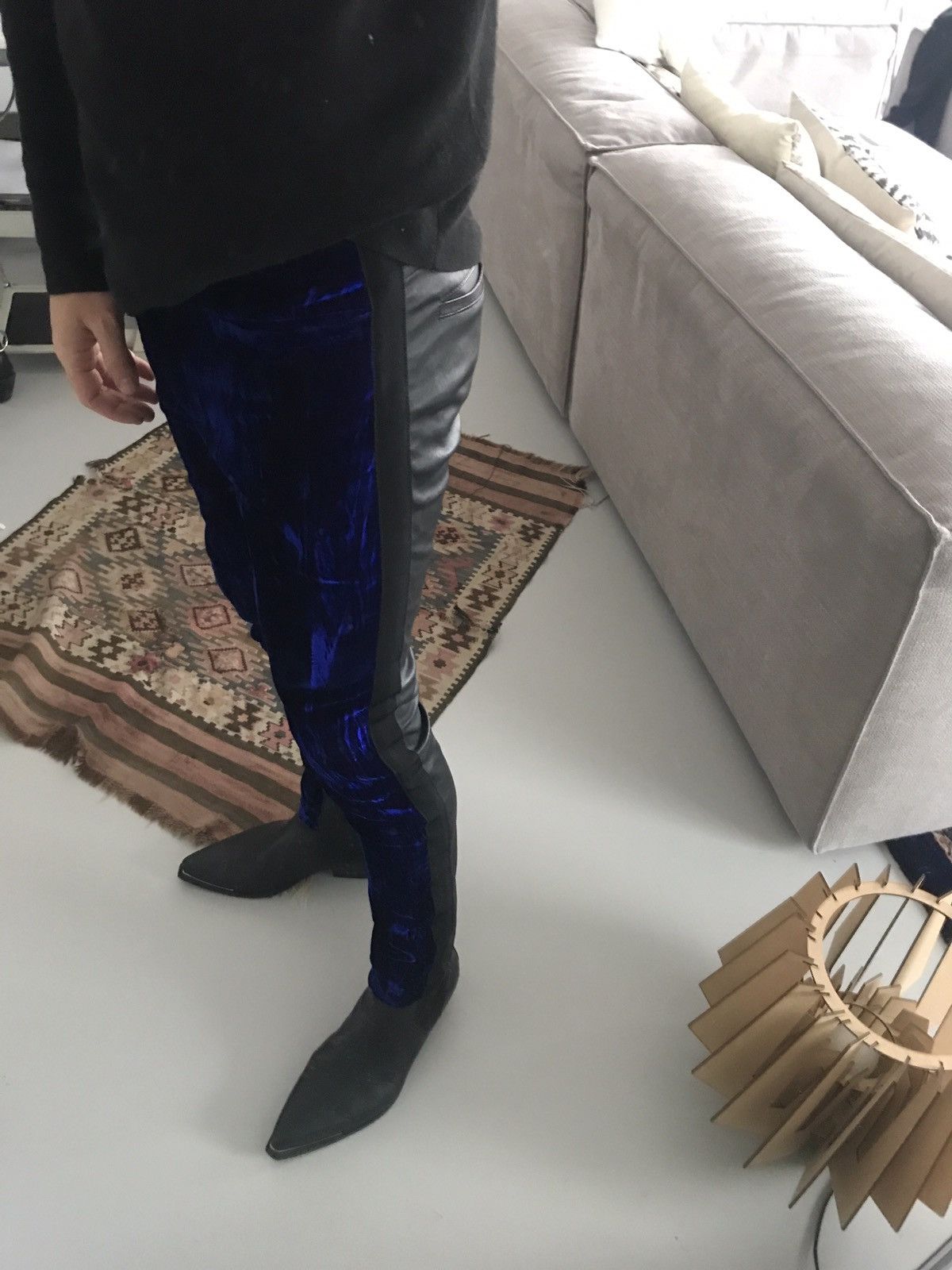 Blue velvet and leather pants