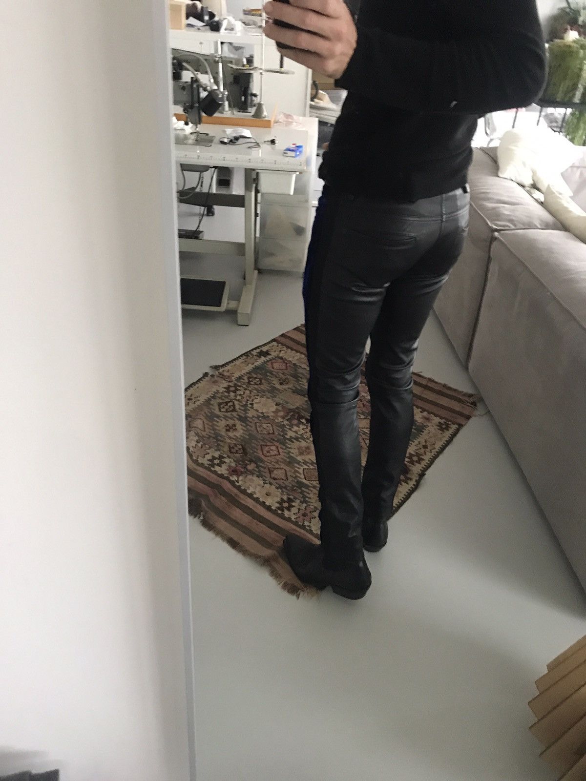 Blue velvet and leather pants