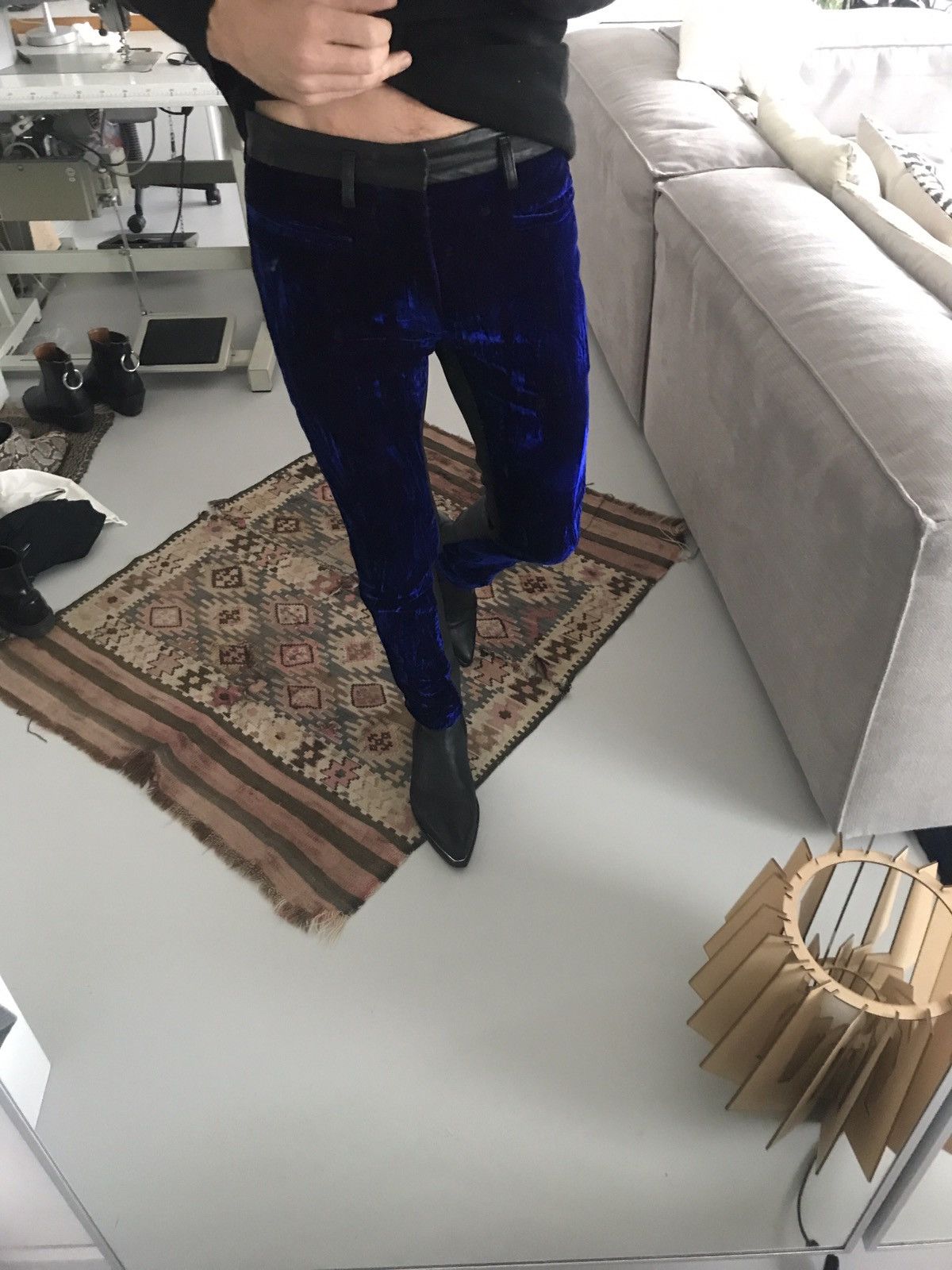 Blue velvet and leather pants