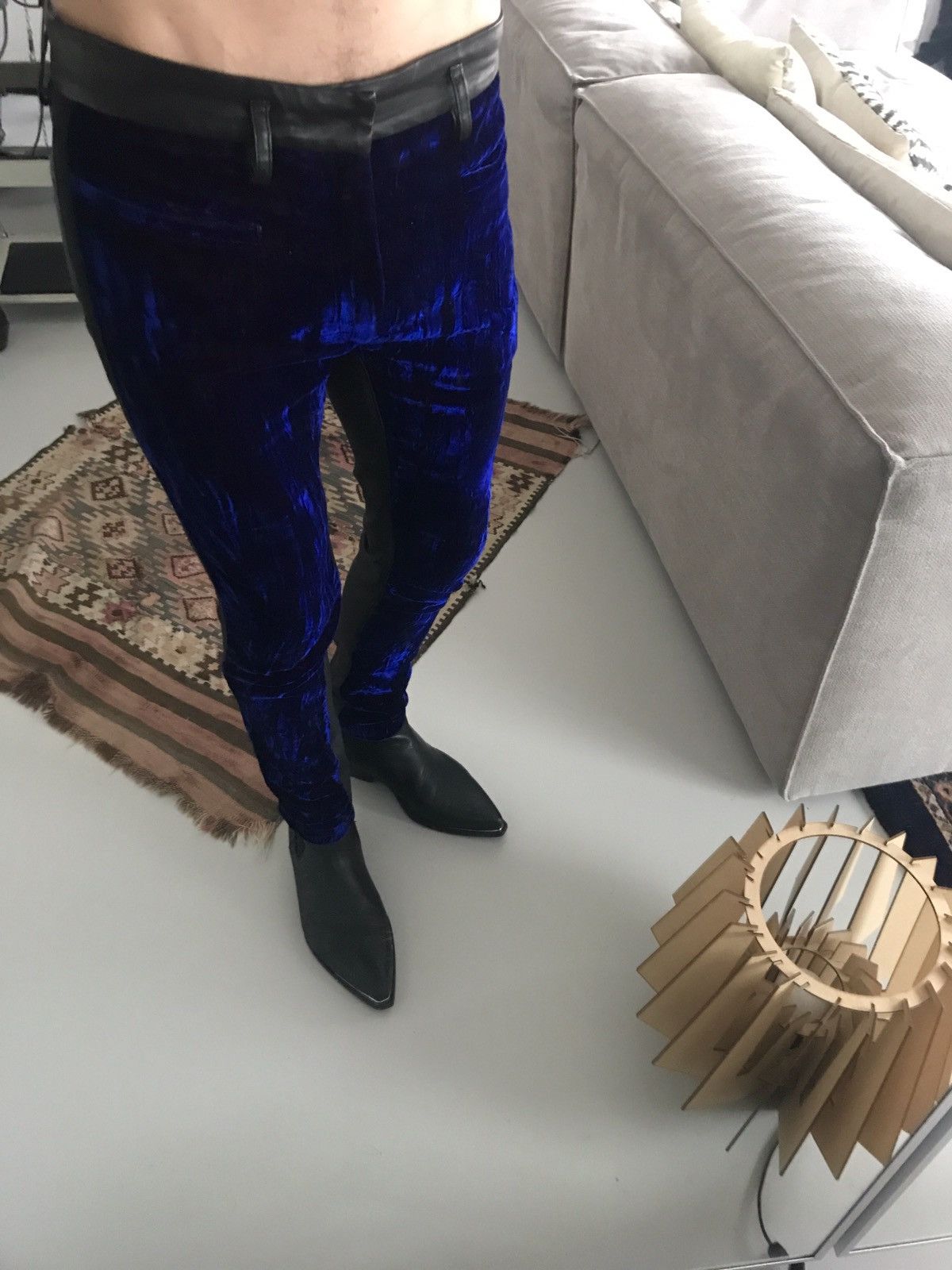 Blue velvet and leather pants