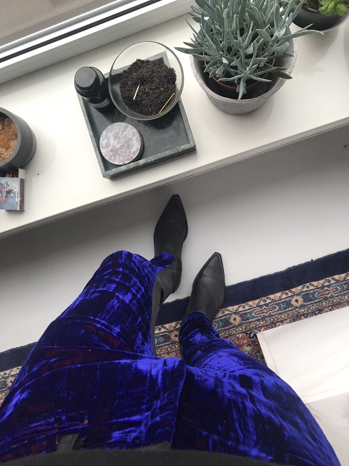 Blue velvet and leather pants