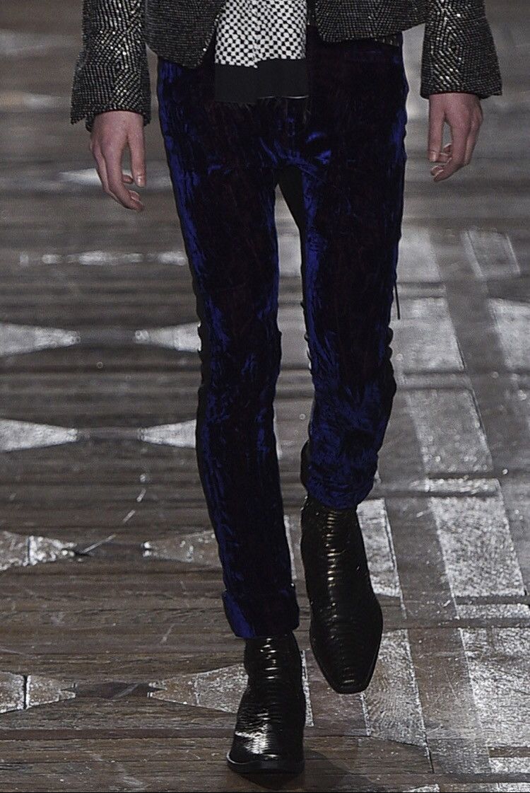 Blue velvet and leather pants