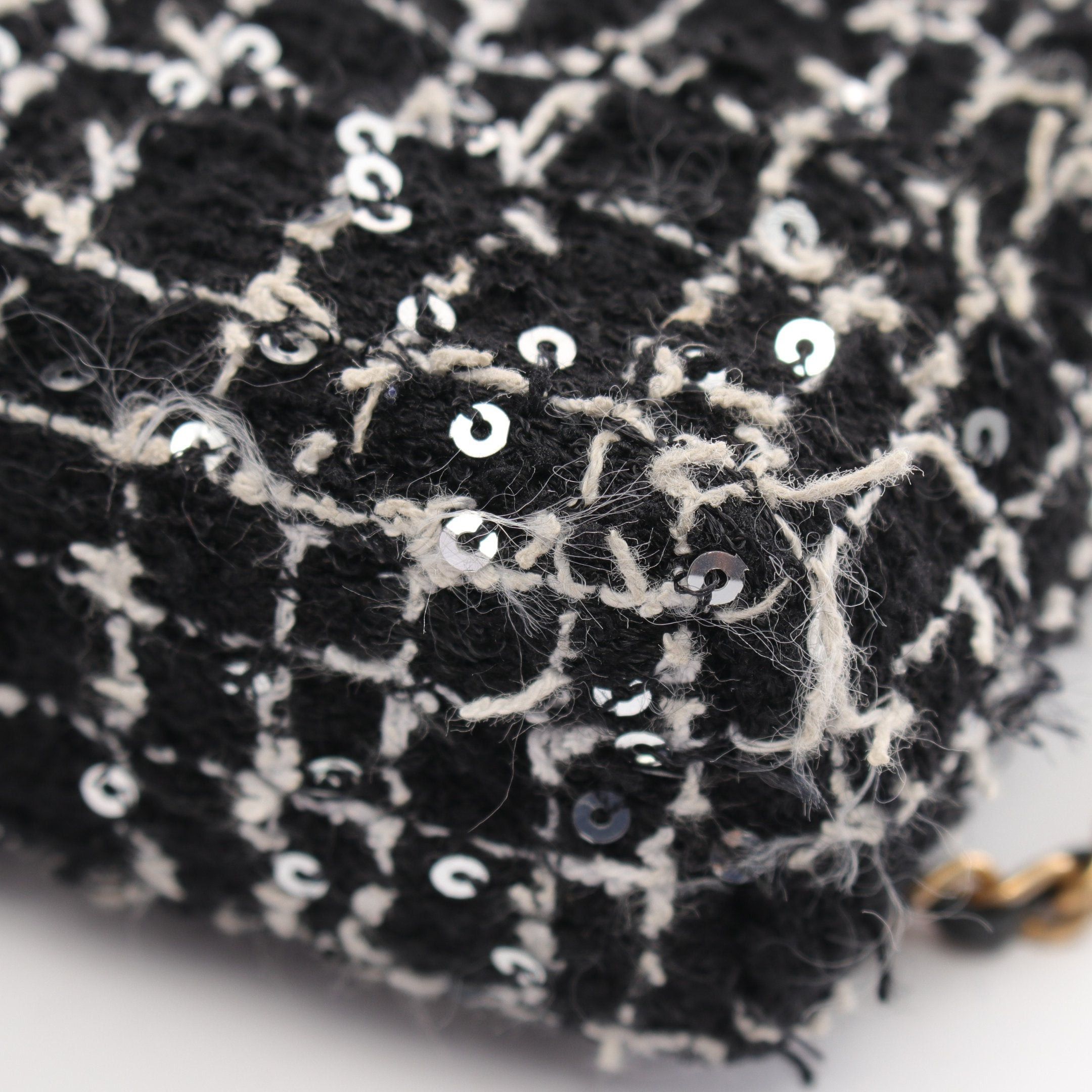 Chanel Matelasse Chain Clutch Bag Tweed Black White Gold Hardware