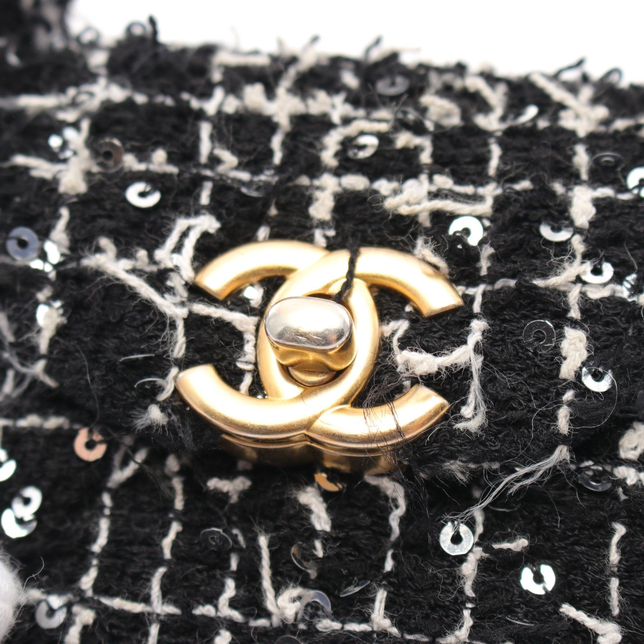 Chanel Matelasse Chain Clutch Bag Tweed Black White Gold Hardware