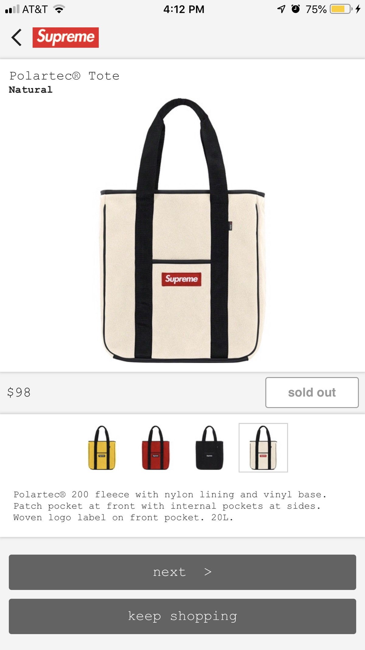 Supreme polartec best sale tote natural