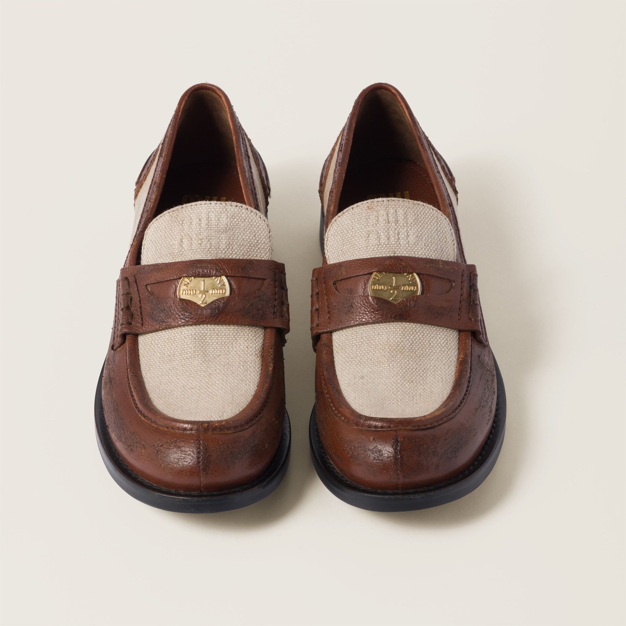 Miu Miu Leather and Linen Vintage Effect Penny Loafer Shoes Size US 11 / IT 41 - 4 Thumbnail