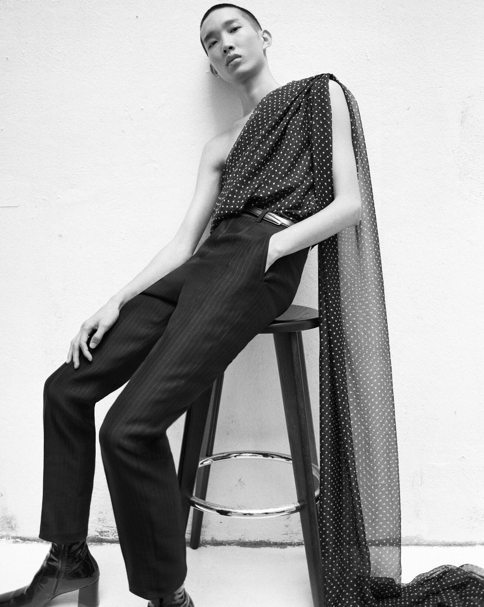 Saint Laurent Paris Draped One-shoulder Top in Dotted Silk Muslin Size US XS / EU 42 / 0 - 5 Thumbnail