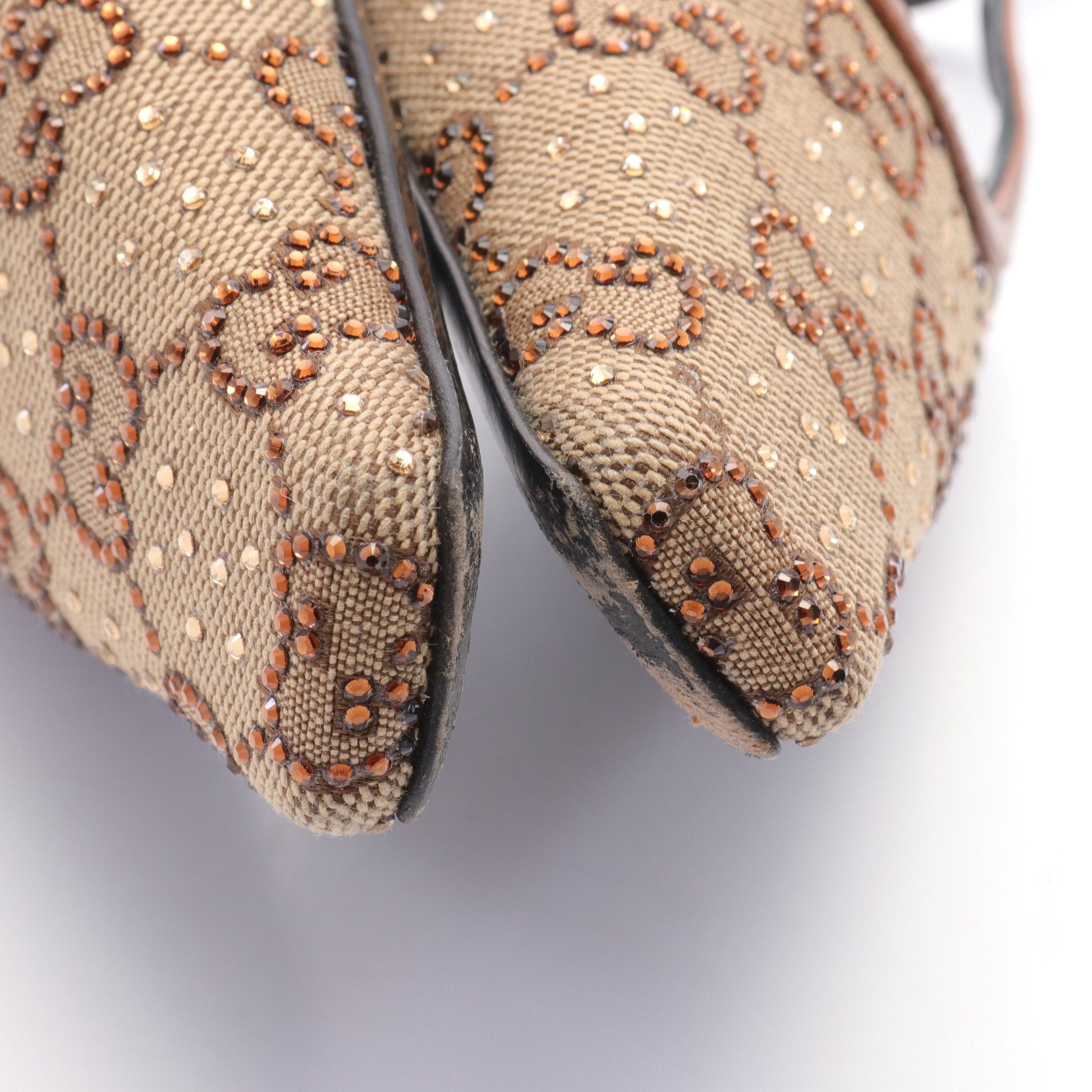 Gucci Gucci Gg Pattern Pumps Canvas Leather Rhinestone Beige Brown Size ONE SIZE - 7 Thumbnail
