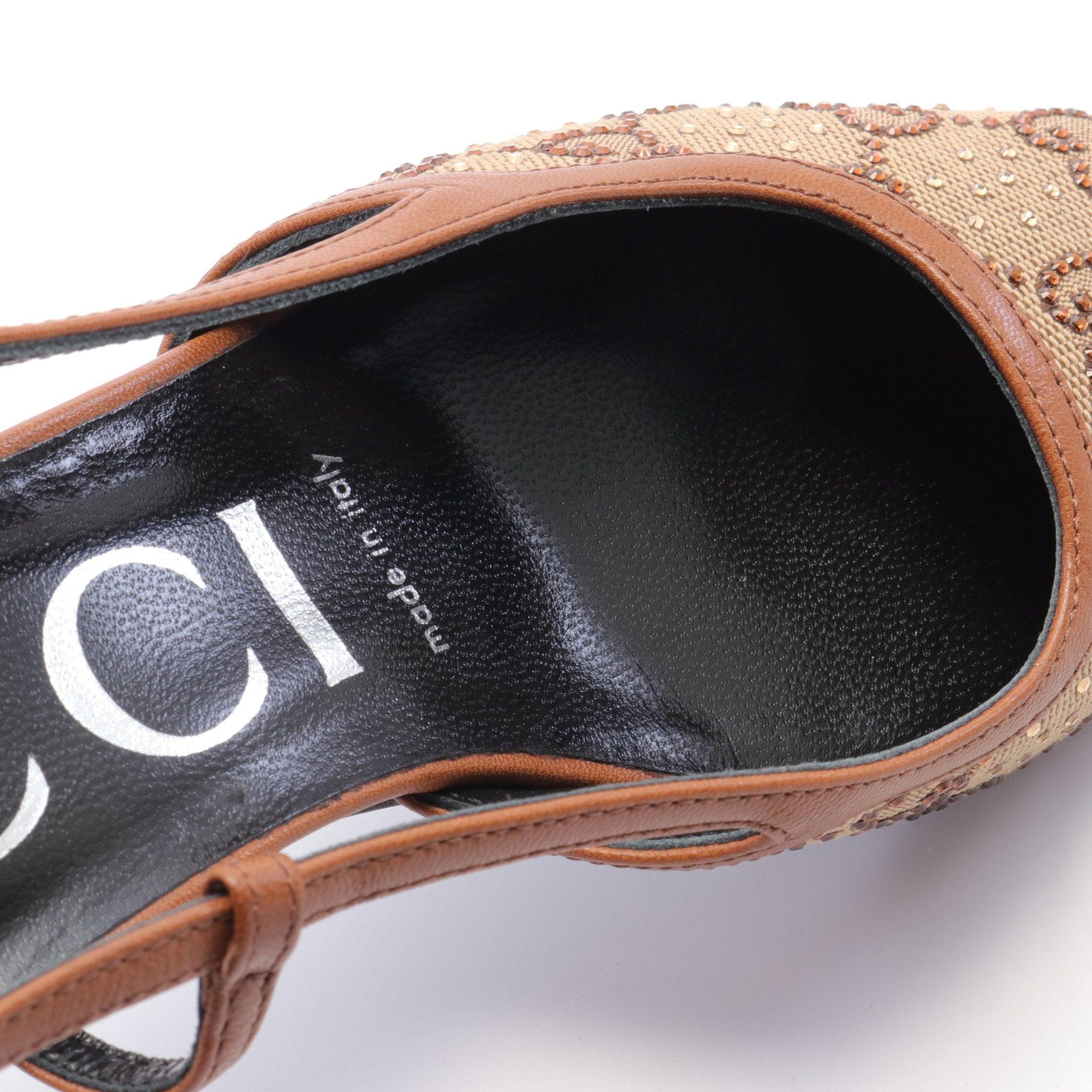 Gucci Gucci Gg Pattern Pumps Canvas Leather Rhinestone Beige Brown Size ONE SIZE - 9 Thumbnail
