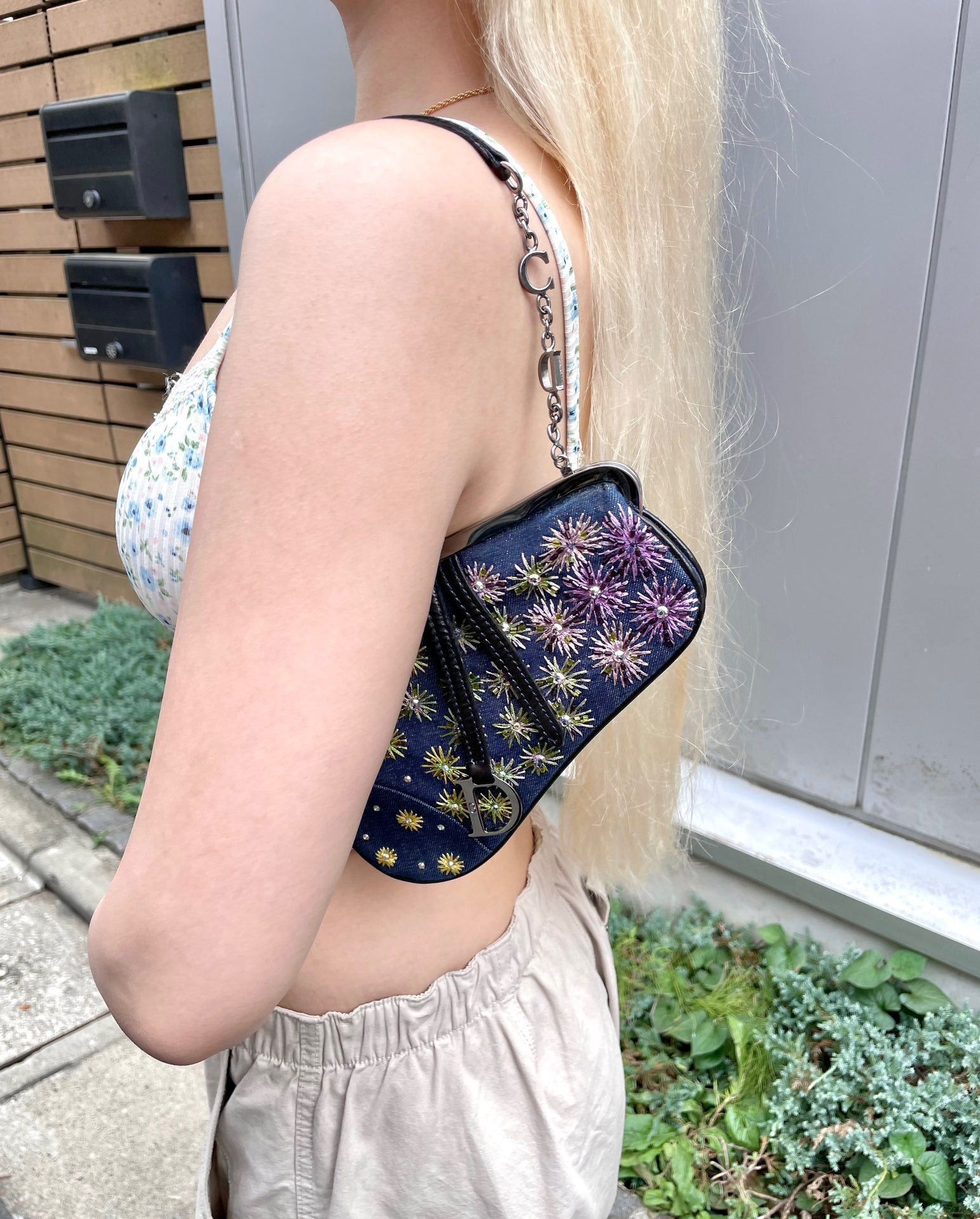Dior Christian Dior Denim Bead Embroidery Mini Chain Saddle Bag Size ONE SIZE - 2 Thumbnail