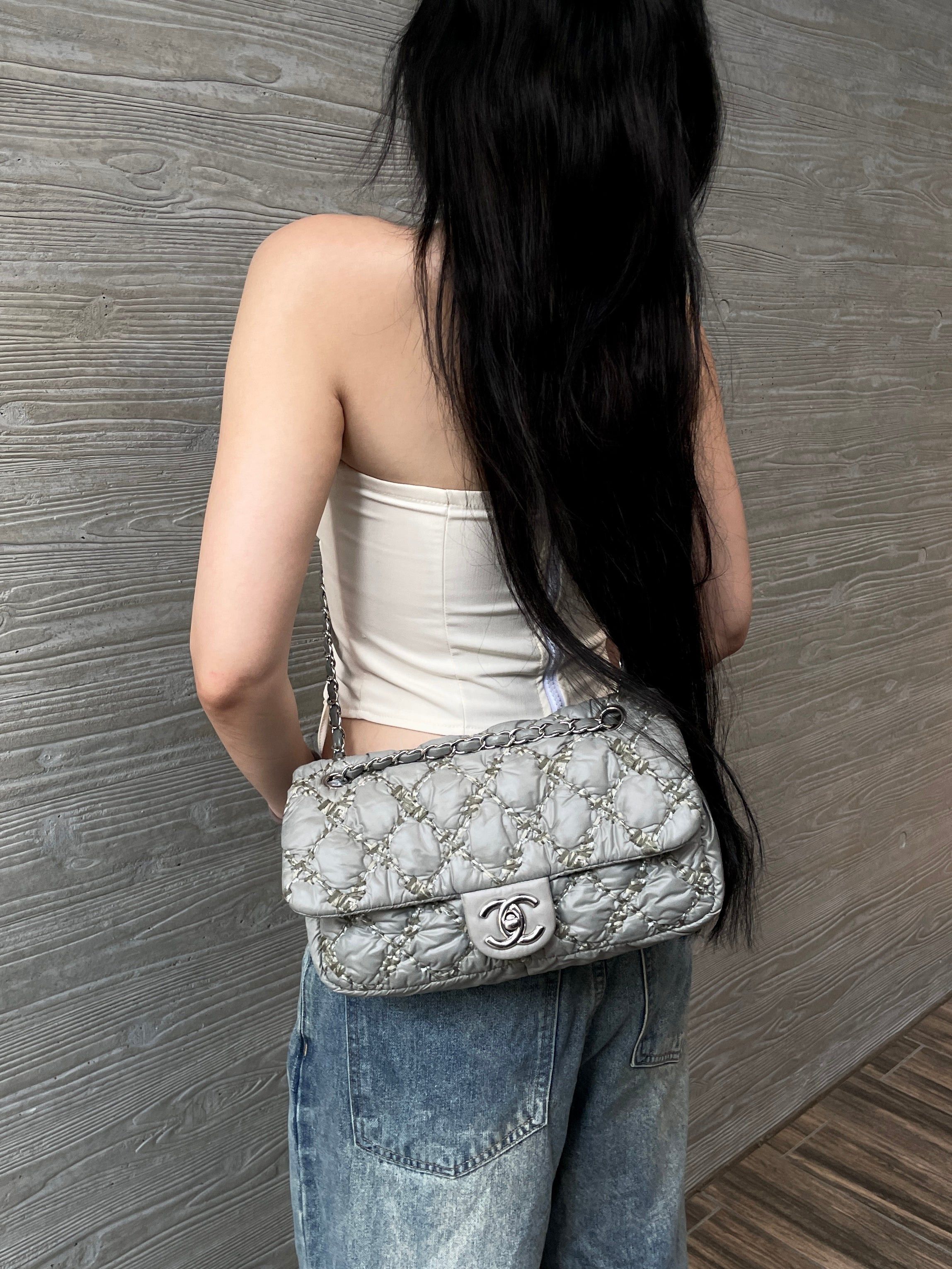 Chanel Chanel Wild Stitch Matelasse Coco Mark Double Chain Flap Bag Grey Size ONE SIZE - 3 Thumbnail