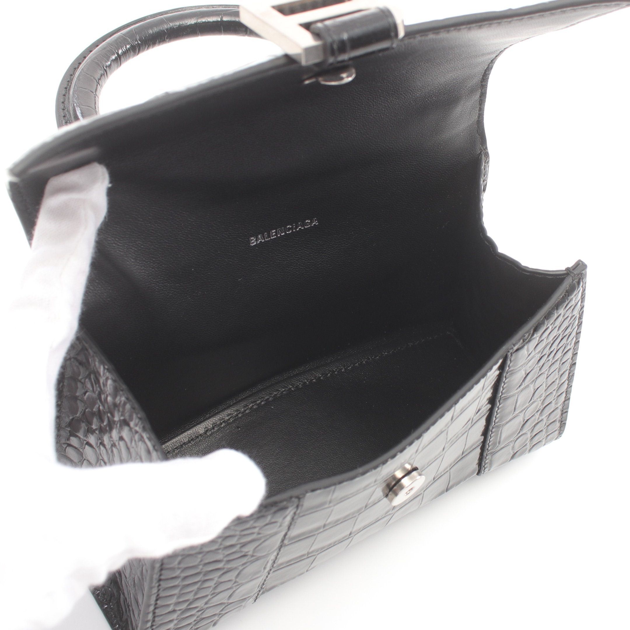 Balenciaga Balenciaga Hourglass Xs Handbag Leather Black Croc Embossed Size ONE SIZE - 3 Thumbnail
