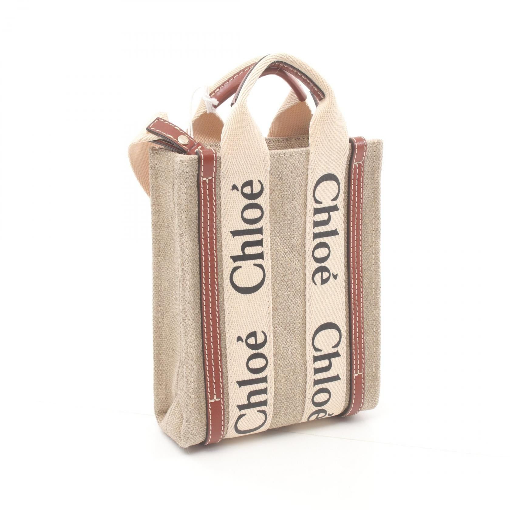 Chloe Chloe Woody North South Mini Tote Bag Handbag Canvas Leather Beige Brown Size ONE SIZE - 2 Thumbnail