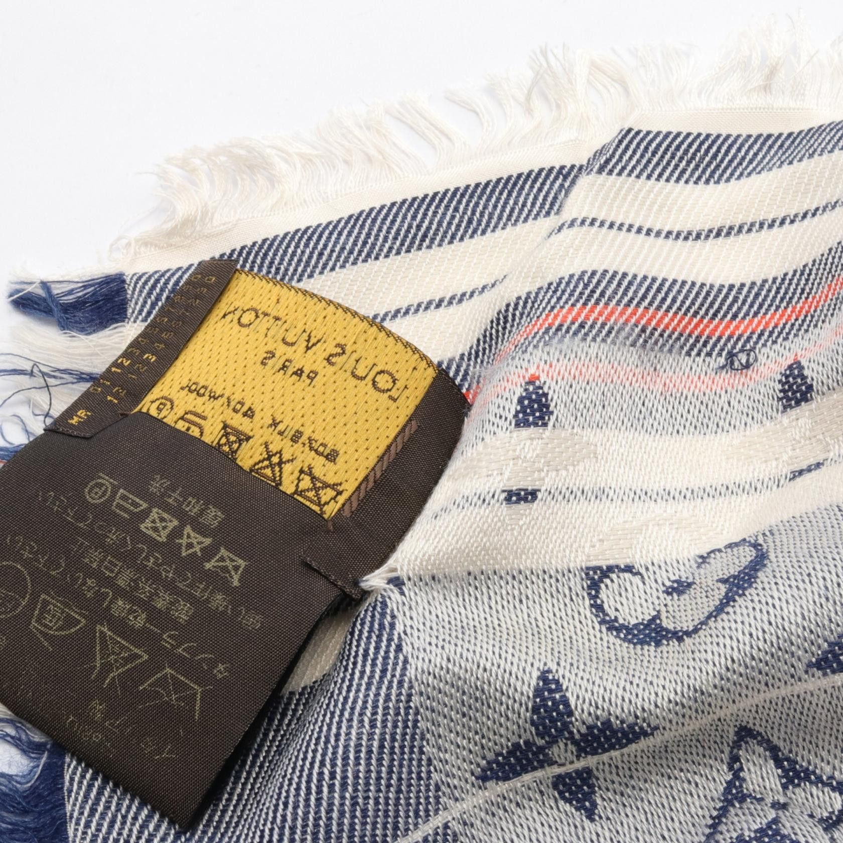 Louis Vuitton Louis Vuitton Monogram Reyeur Mattress Shawl Stall Silk Wool Navy Off White Red Size ONE SIZE - 4 Thumbnail