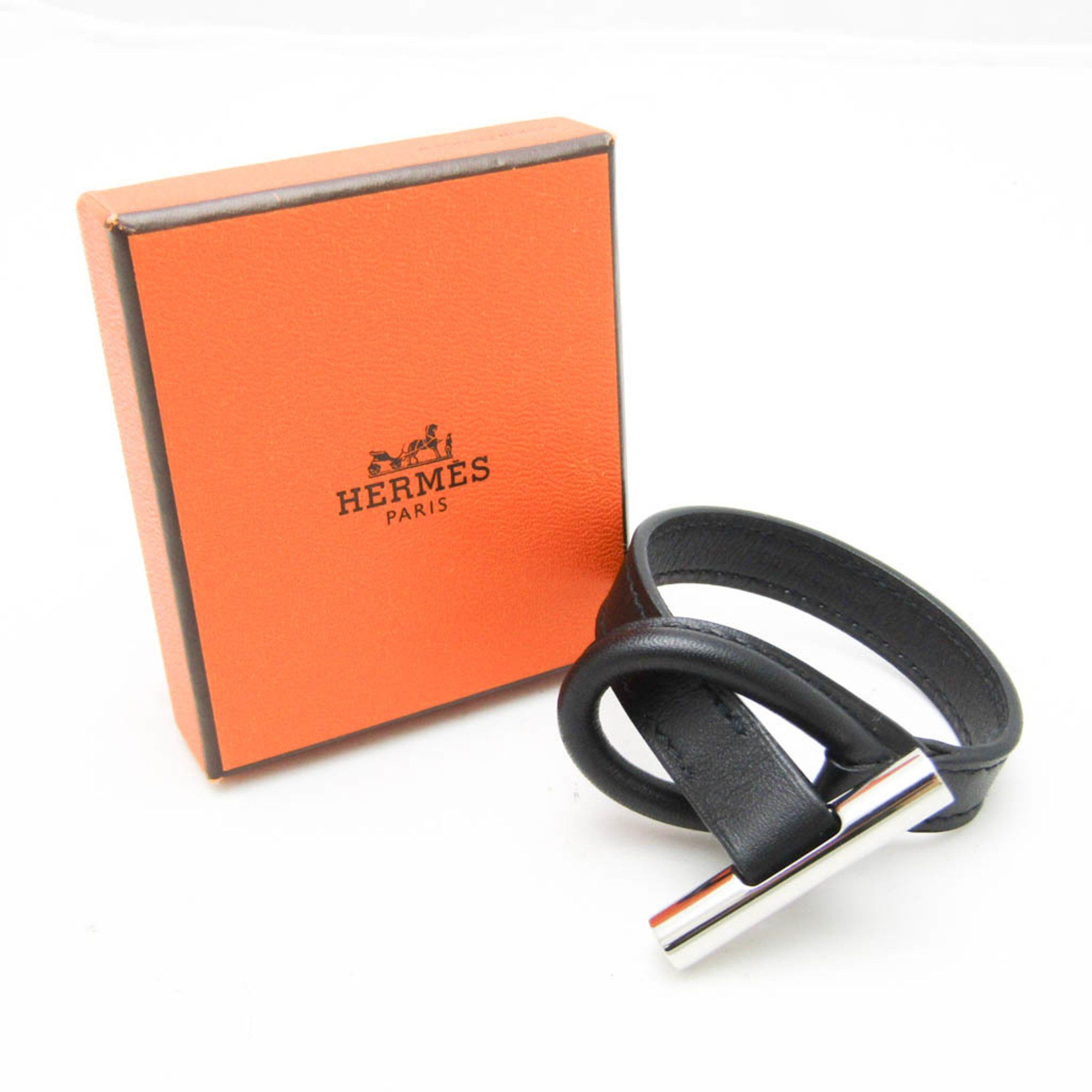 Hermes Hermes Leather,Metal Bangle Black,Silver Size ONE SIZE - 9 Thumbnail