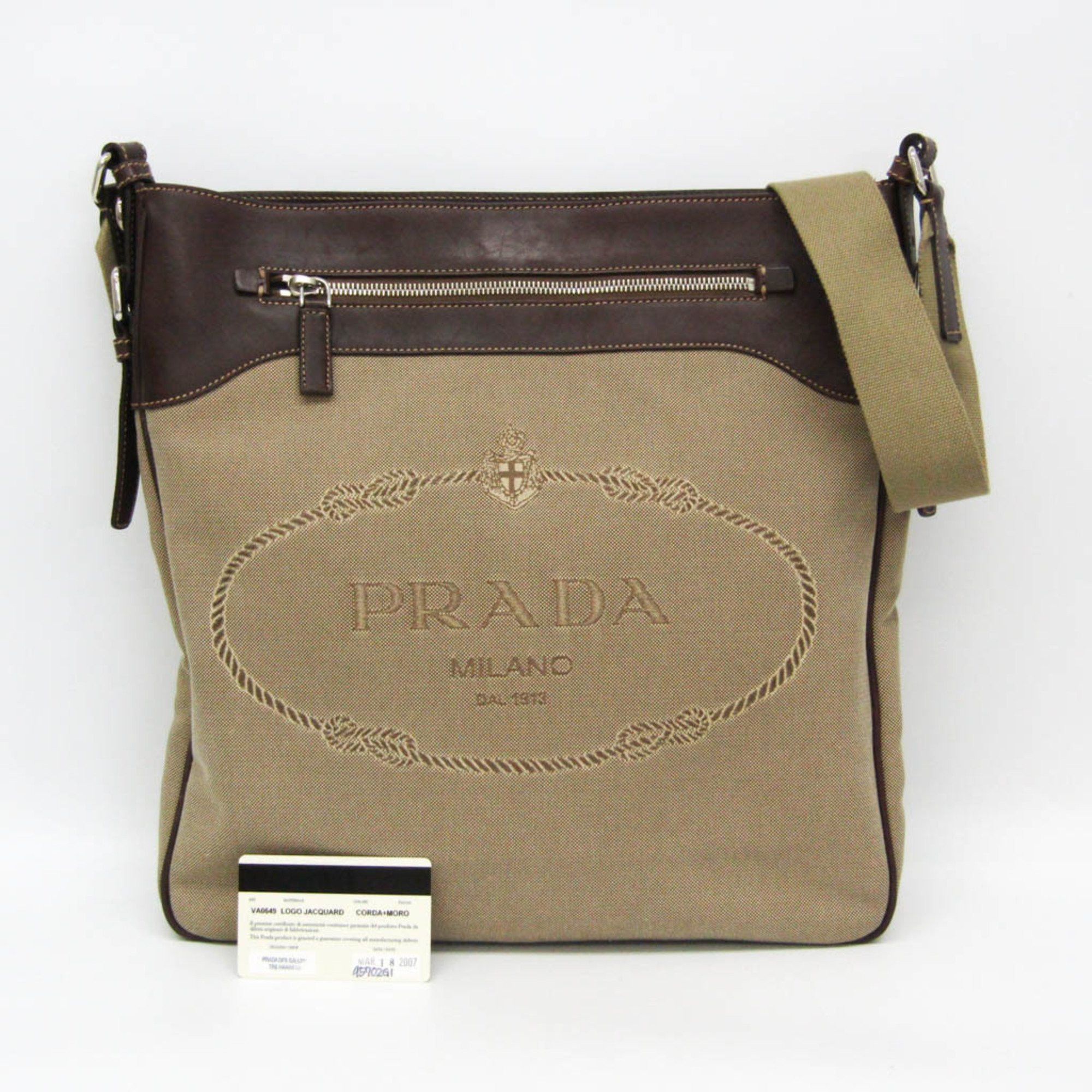 Prada Prada VA0649 Women,Men Leather,Jacquard Shoulder Bag Beige,Dark Brown Size ONE SIZE - 4 Thumbnail