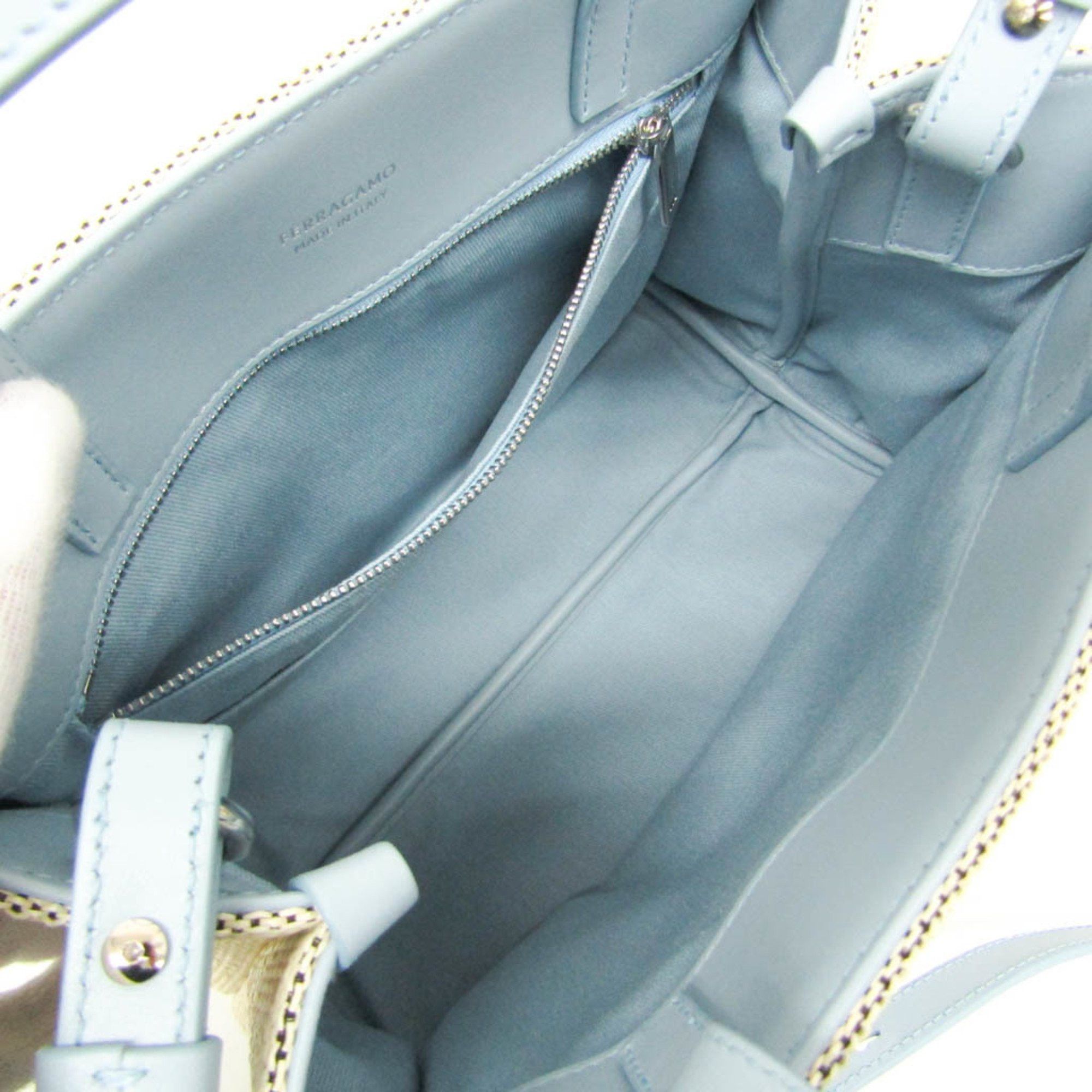 Salvatore Ferragamo Salvatore Ferragamo Medium GG-219407 Women's Fabric,Leather Handbag,Shoulder Bag Beige,Blue Size ONE SIZE - 3 Thumbnail