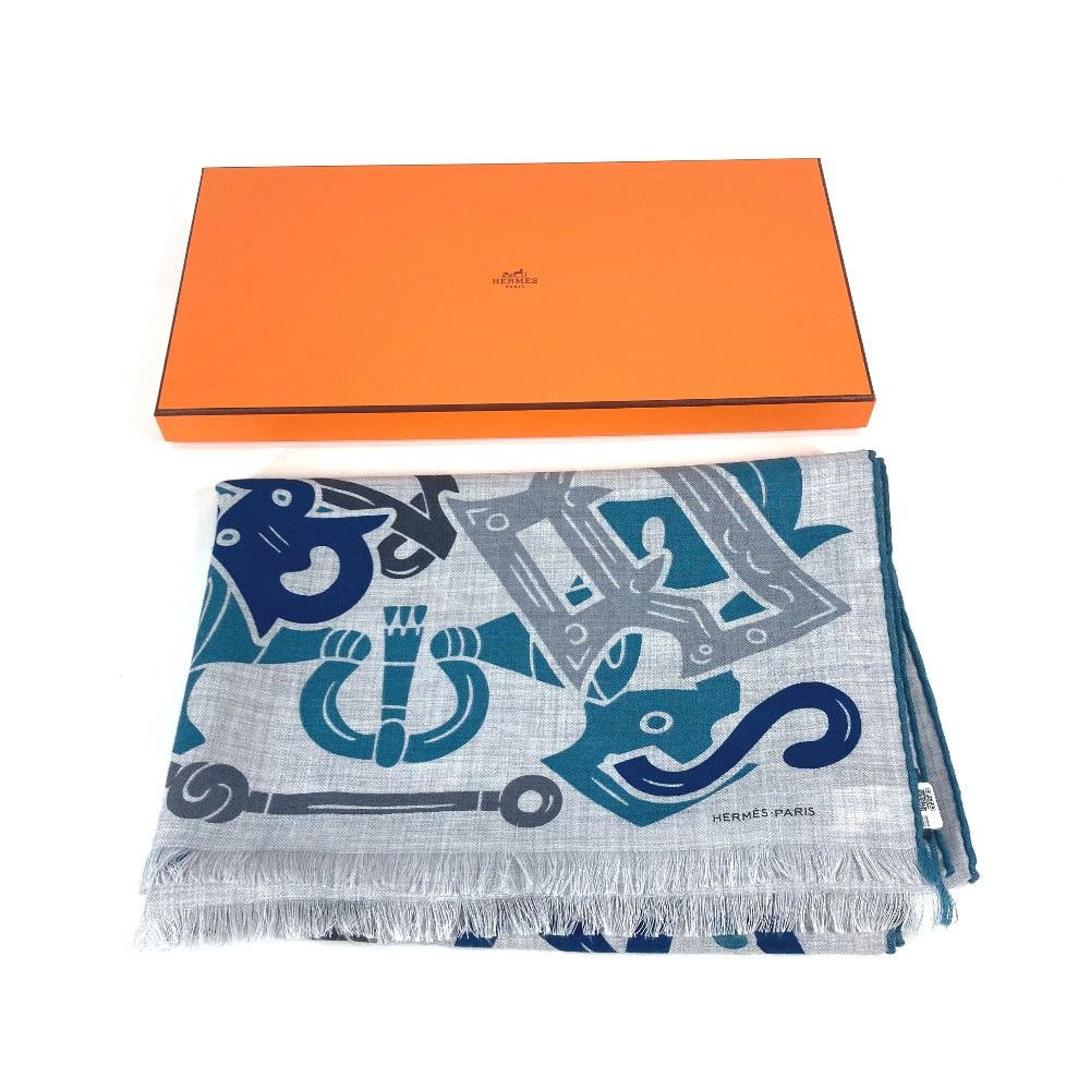 Hermes Hermes H693863T 03 Fringe Shawl Stall Rectangle Harness Garden Of Harnesse Scarf Cashmere Men Gris Cine. Yellow Green Blue Size ONE SIZE - 10 Thumbnail