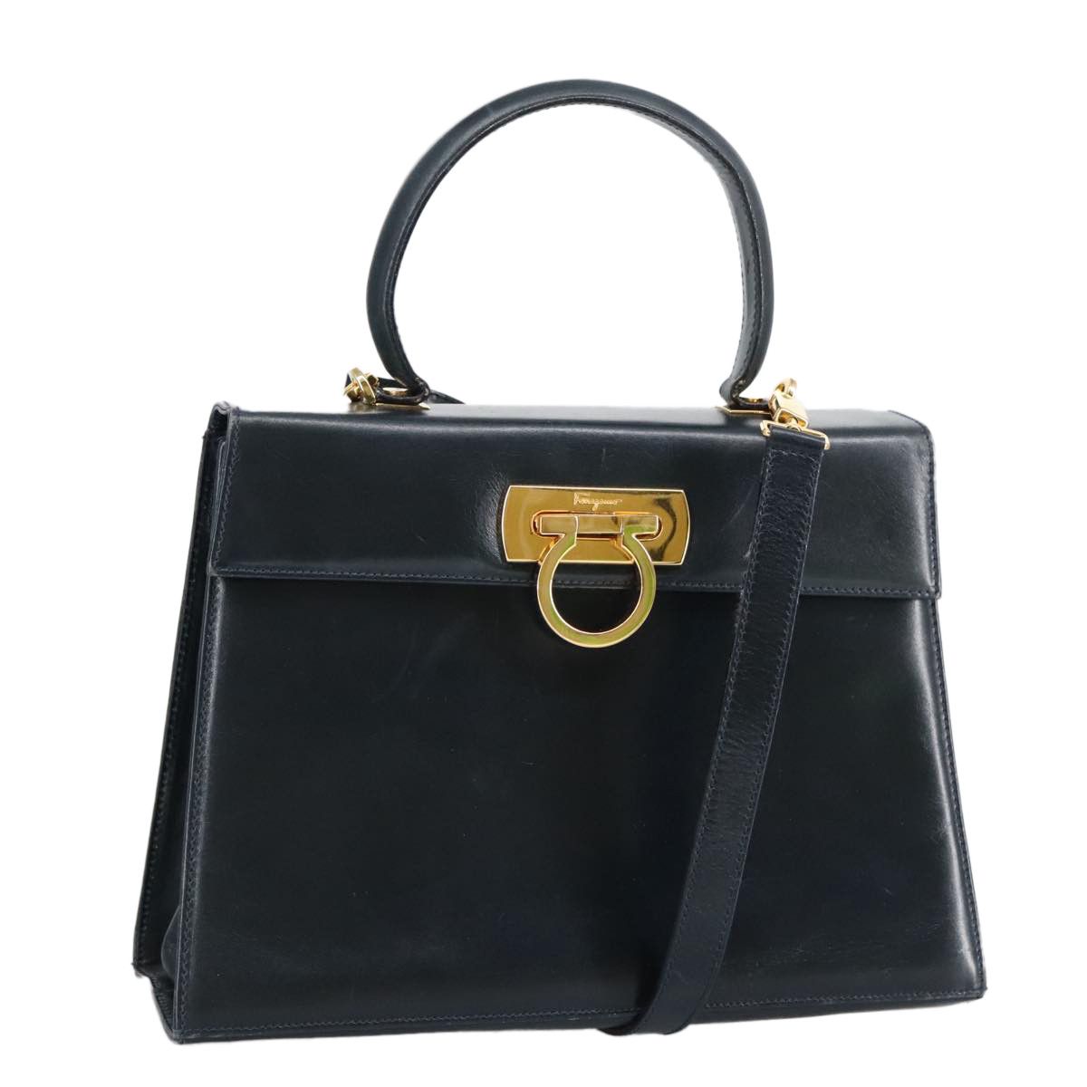 Salvatore Ferragamo Gancini Navy Leather Handbag (Pre-Owned) Size ONE SIZE - 11 Thumbnail