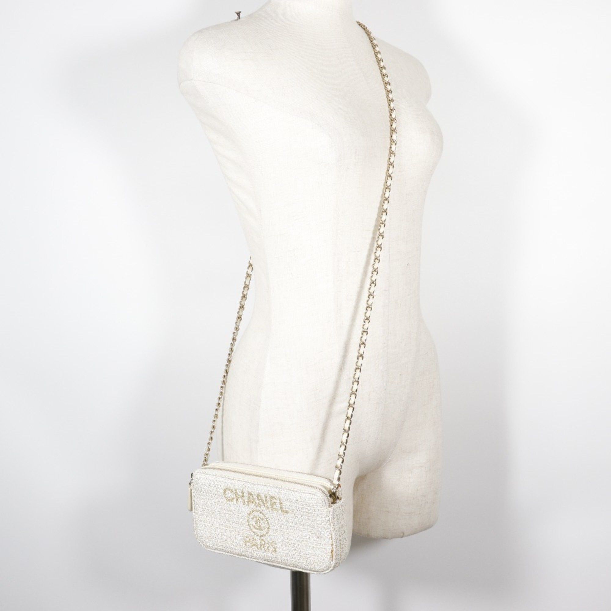 Chanel CHANEL Deauville Chain Shoulder Bag Clutch A84415 Tweed White 2way ChainShoulder Women's Size ONE SIZE - 17 Thumbnail