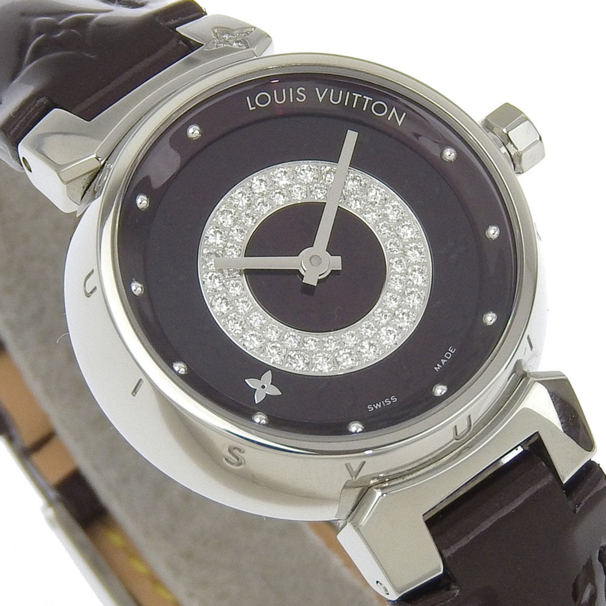 Louis Vuitton Tambour Watch Disc Diamant Amarante Q121U Stainless Steel x Monogram Vernis Diamond Quartz Analog Display Amarant Dial Women\'s