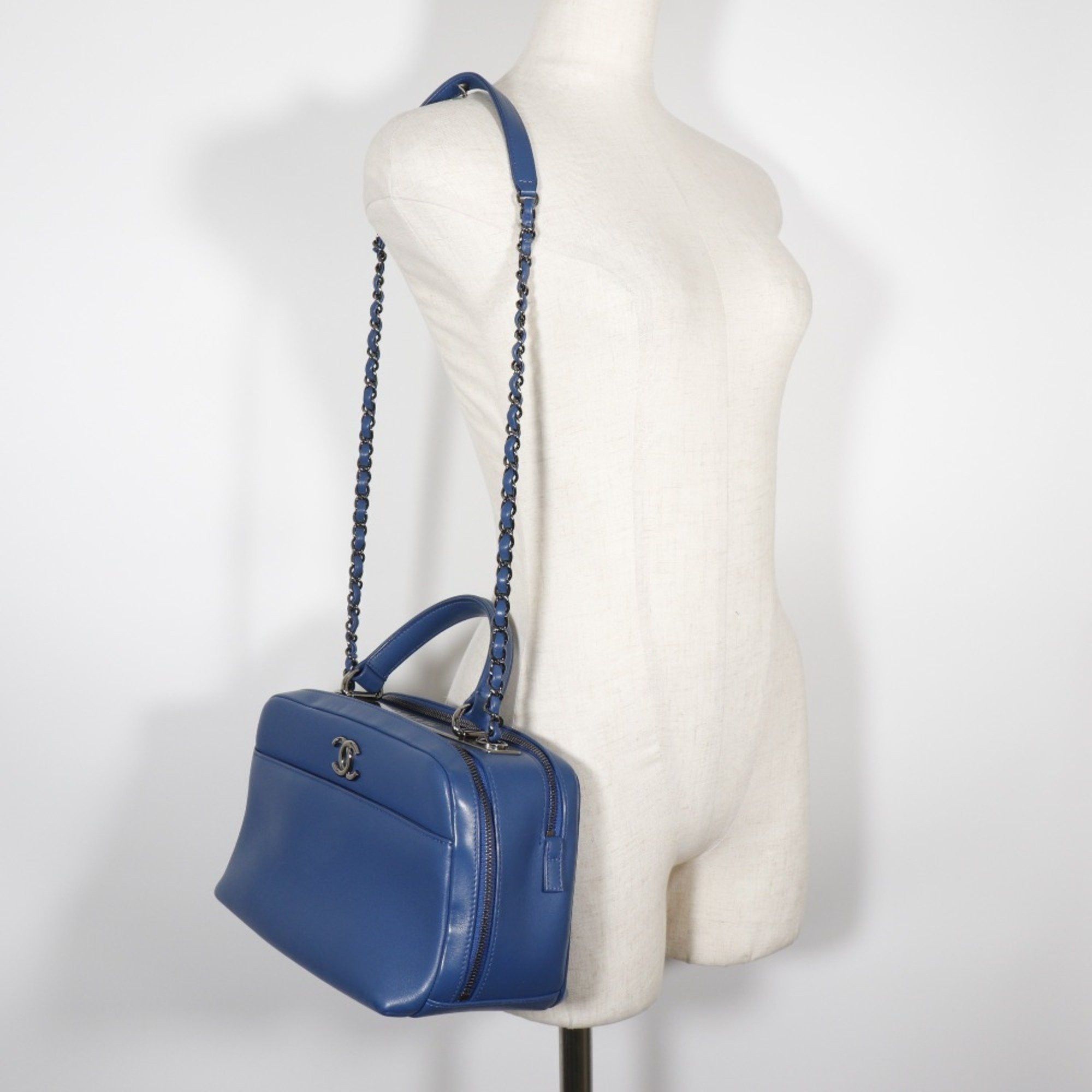 Chanel CHANEL Trendy Bowling Bag Handbag Shoulder Calfskin Blue 2way Double Women's Size ONE SIZE - 14 Thumbnail