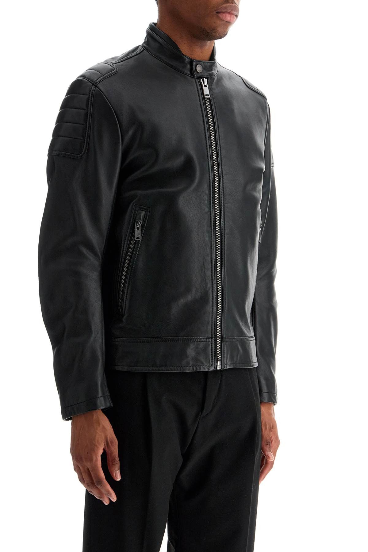 HUGO BOSS Size 44 Crape Black Leather Single Breasted Coat