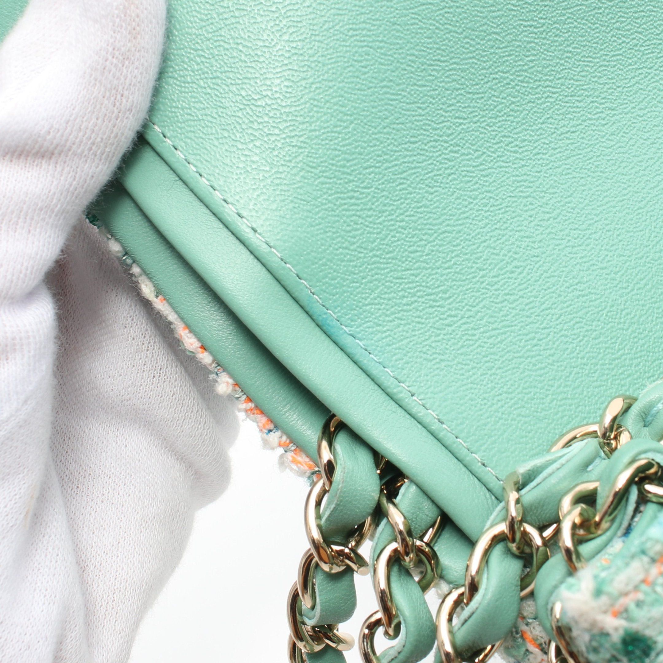 Chanel Chanel Matelasse Double Flap Chain Shoulder Bag Tweed Leather Light Green Multicolor Gold Hardware Size ONE SIZE - 10 Thumbnail