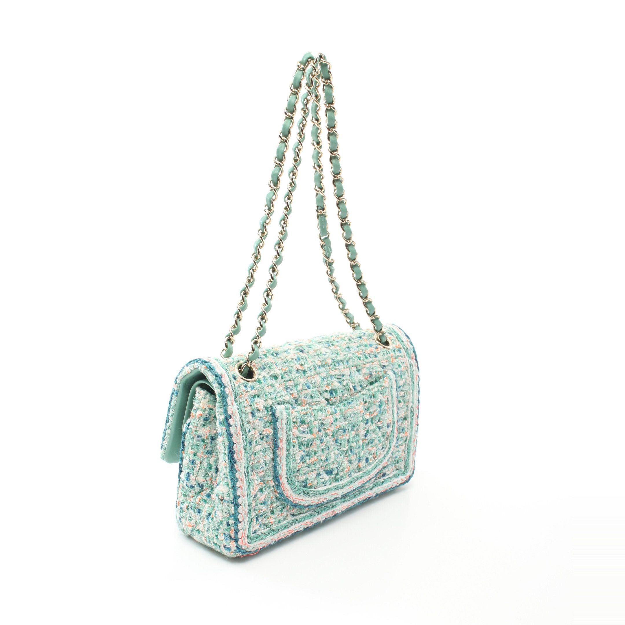 Chanel Chanel Matelasse Double Flap Chain Shoulder Bag Tweed Leather Light Green Multicolor Gold Hardware Size ONE SIZE - 2 Thumbnail