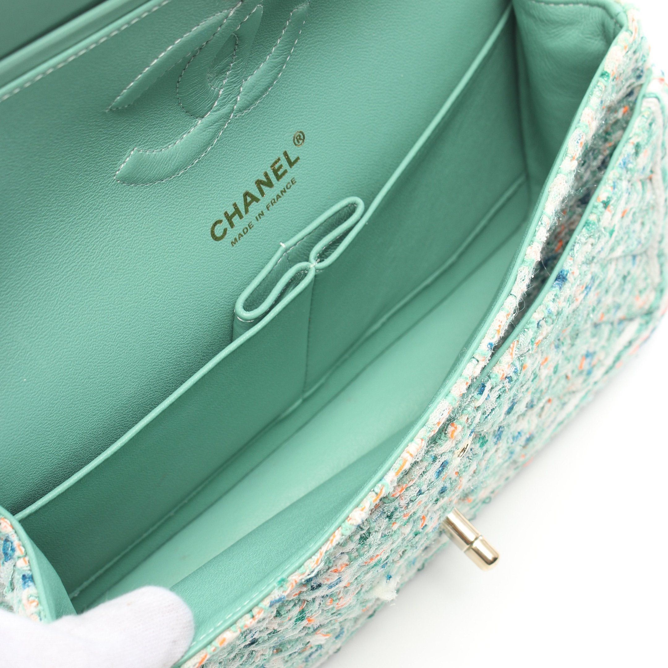 Chanel Chanel Matelasse Double Flap Chain Shoulder Bag Tweed Leather Light Green Multicolor Gold Hardware Size ONE SIZE - 3 Thumbnail