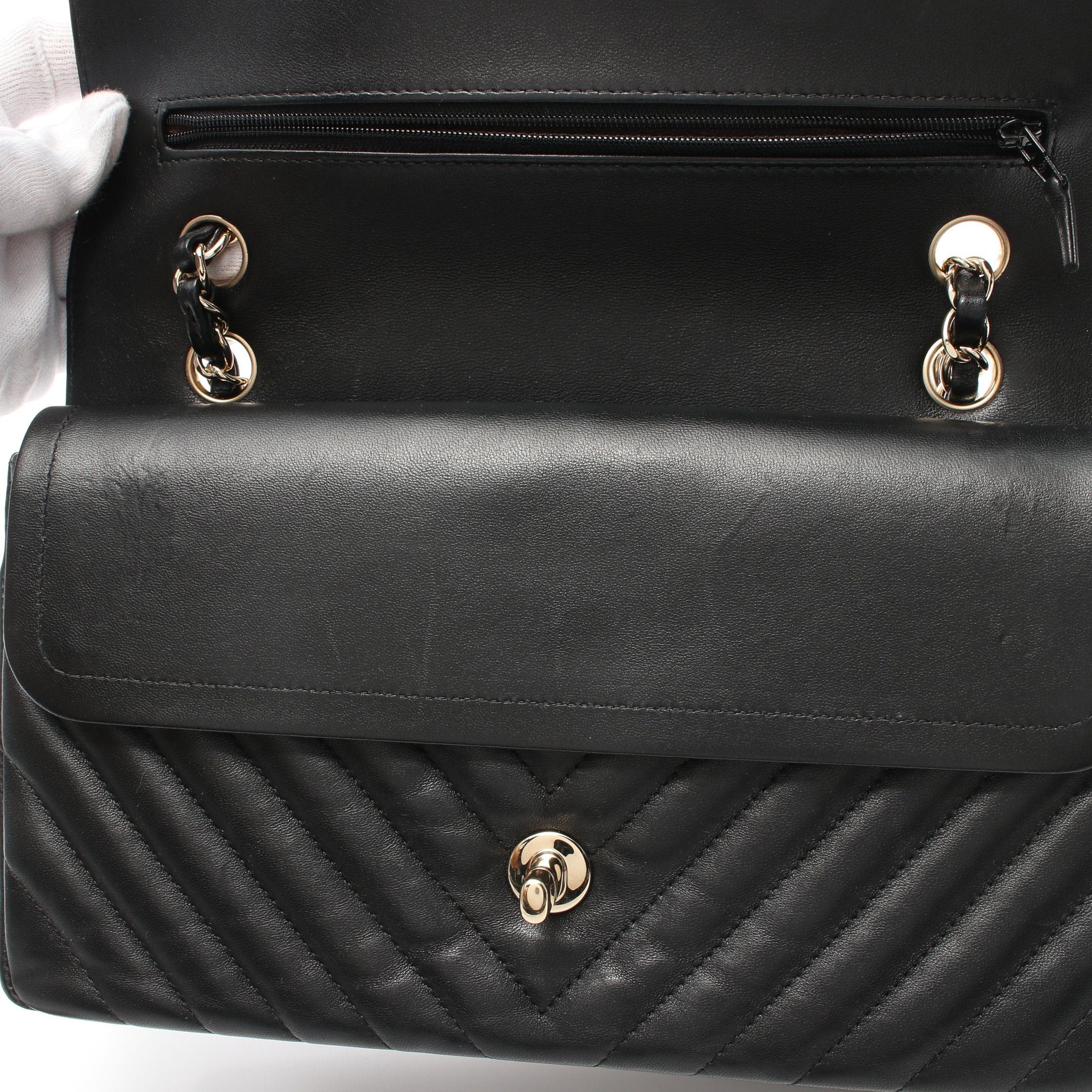 Chanel Chanel Chevron V-Stitch Double Flap Chain Shoulder Bag Lambskin Black Gold Hardware Size ONE SIZE - 6 Thumbnail