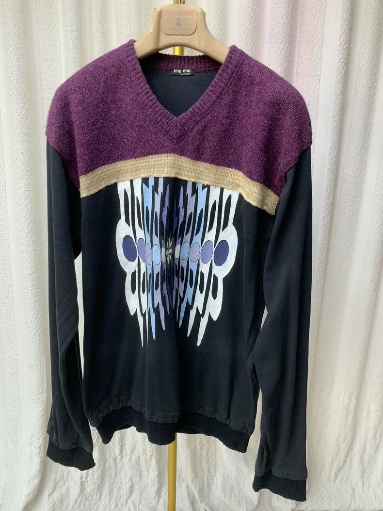 Miu Miu MIU MIU V-neck purple mixed material fashion sweater Size US L / EU 52-54 / 3 - 9 Thumbnail