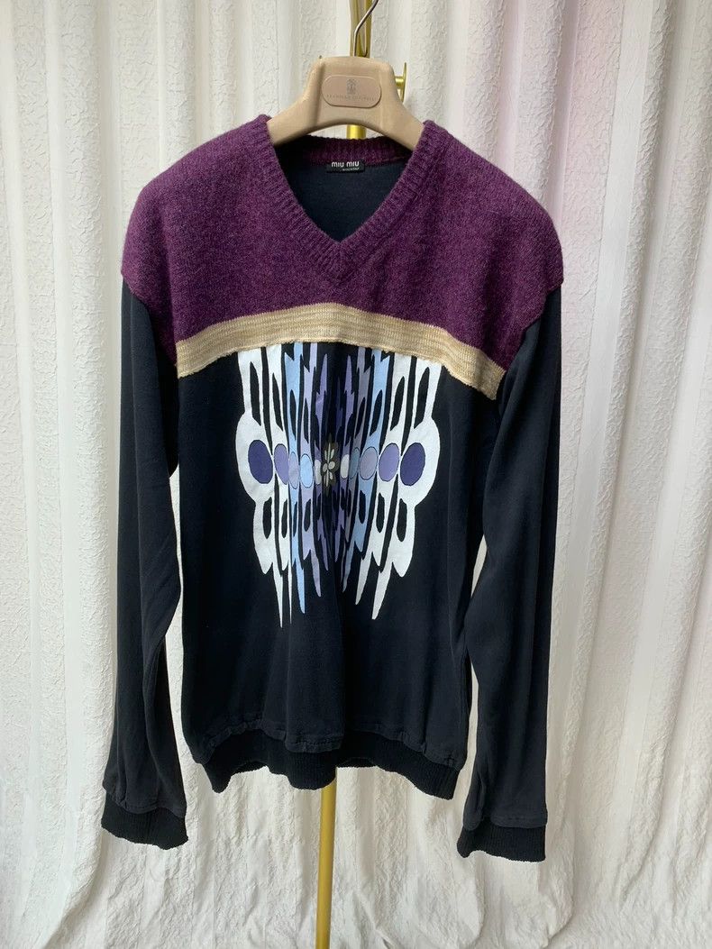 Miu Miu MIU MIU V-neck purple mixed material fashion sweater Size US L / EU 52-54 / 3 - 8 Thumbnail