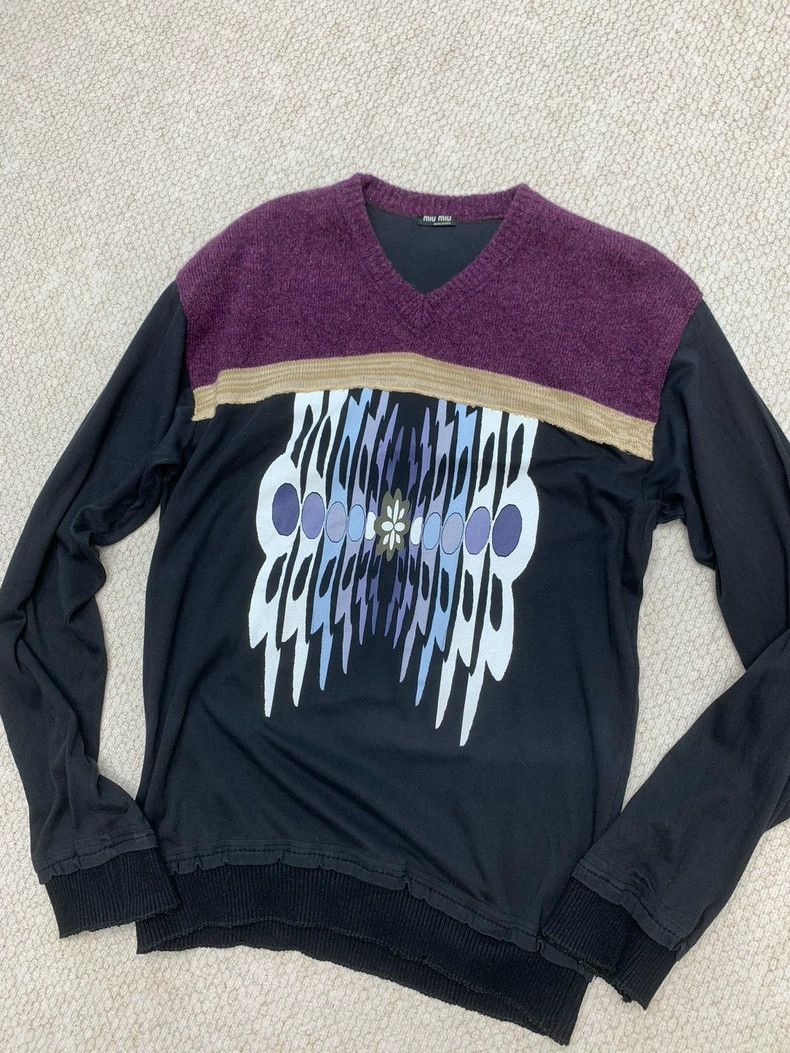 Miu Miu MIU MIU V-neck purple mixed material fashion sweater Size US L / EU 52-54 / 3 - 4 Thumbnail